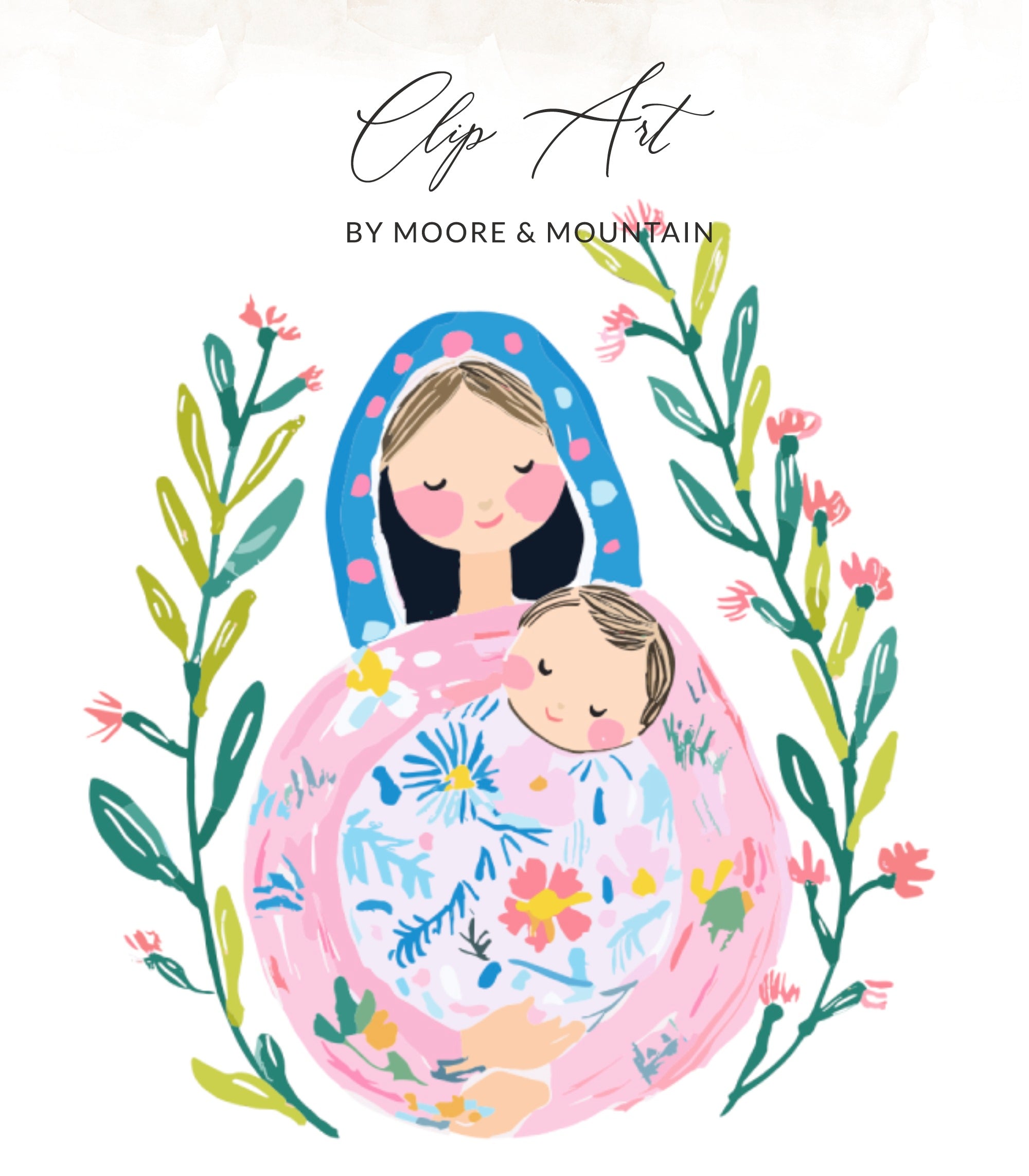 Clip Art: Mother holding baby, surrounded by floral branches.