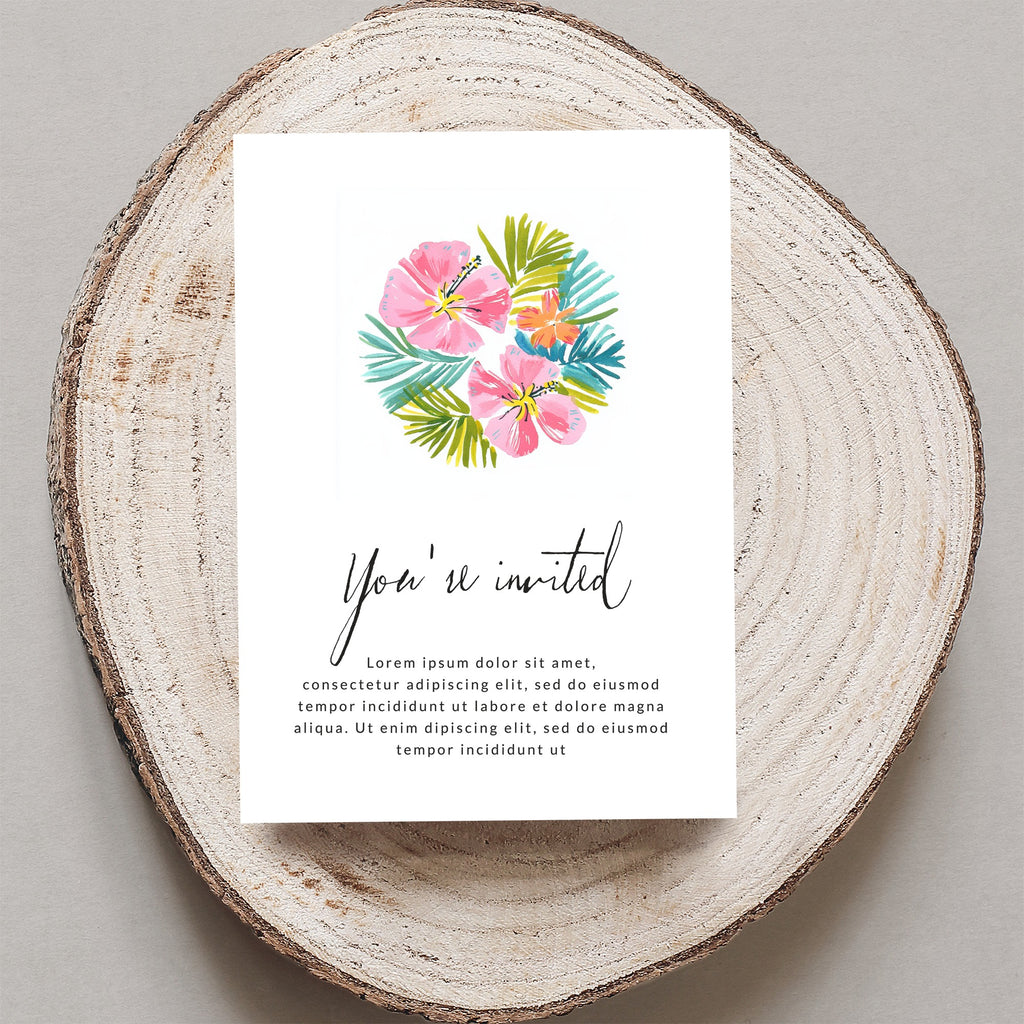 Floral invitation card with "You're invited" text and placeholder content.