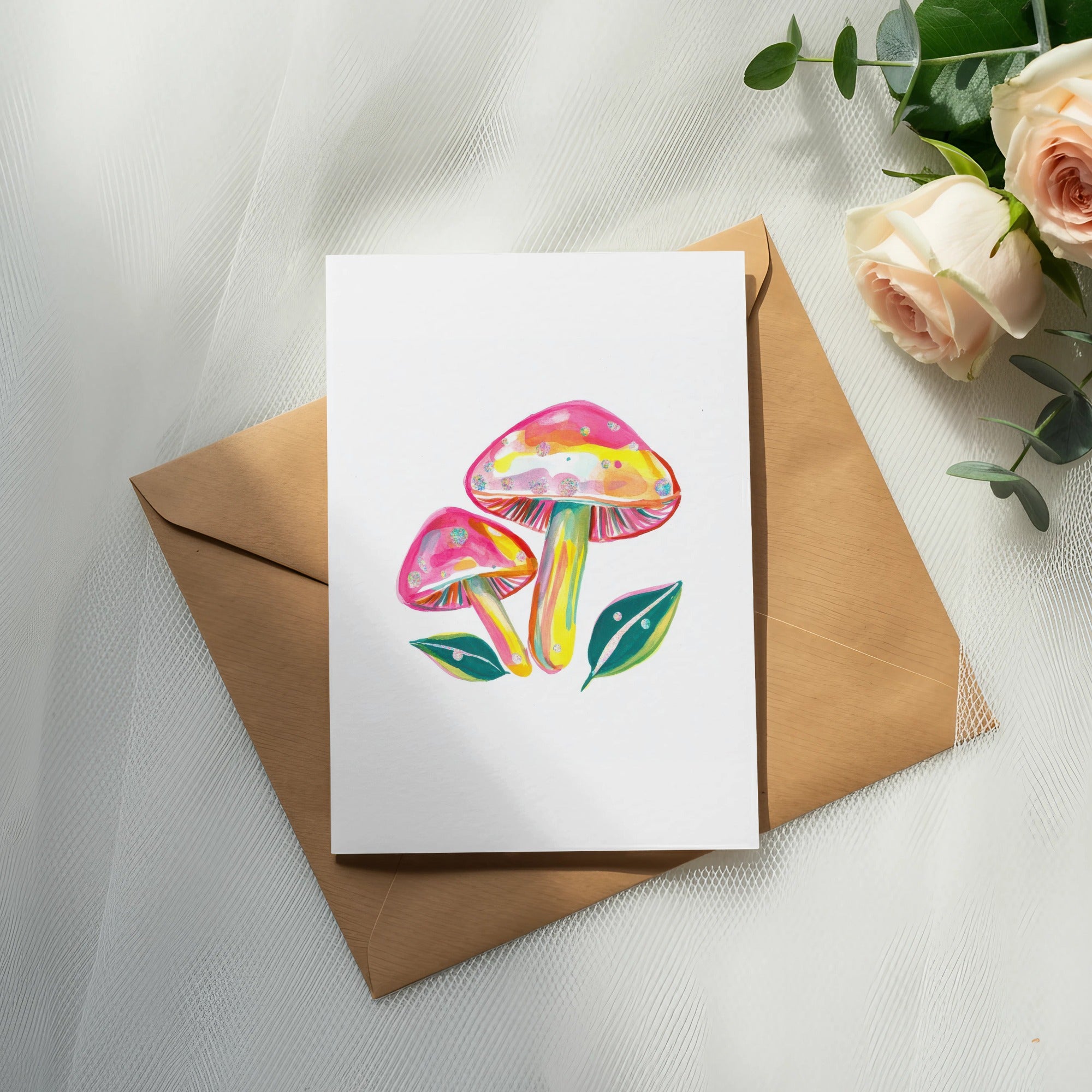 Illustration of colorful mushrooms and leaves on a white card atop an envelope.
