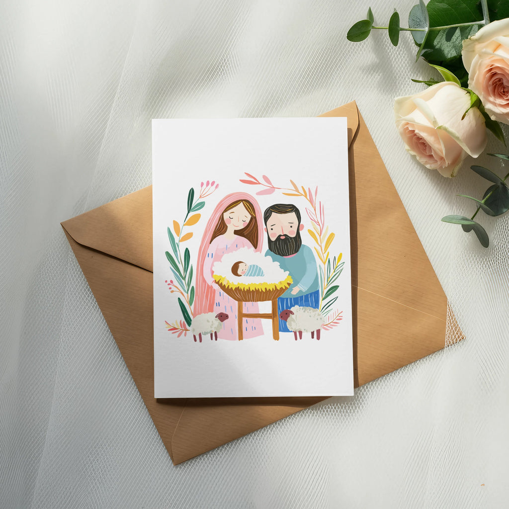 Nativity scene illustration on card with Mary, Joseph, baby Jesus, and sheep.