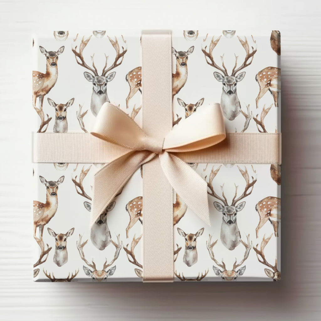 Elegant Deer Print Wrapping Paper with Cream Ribbon