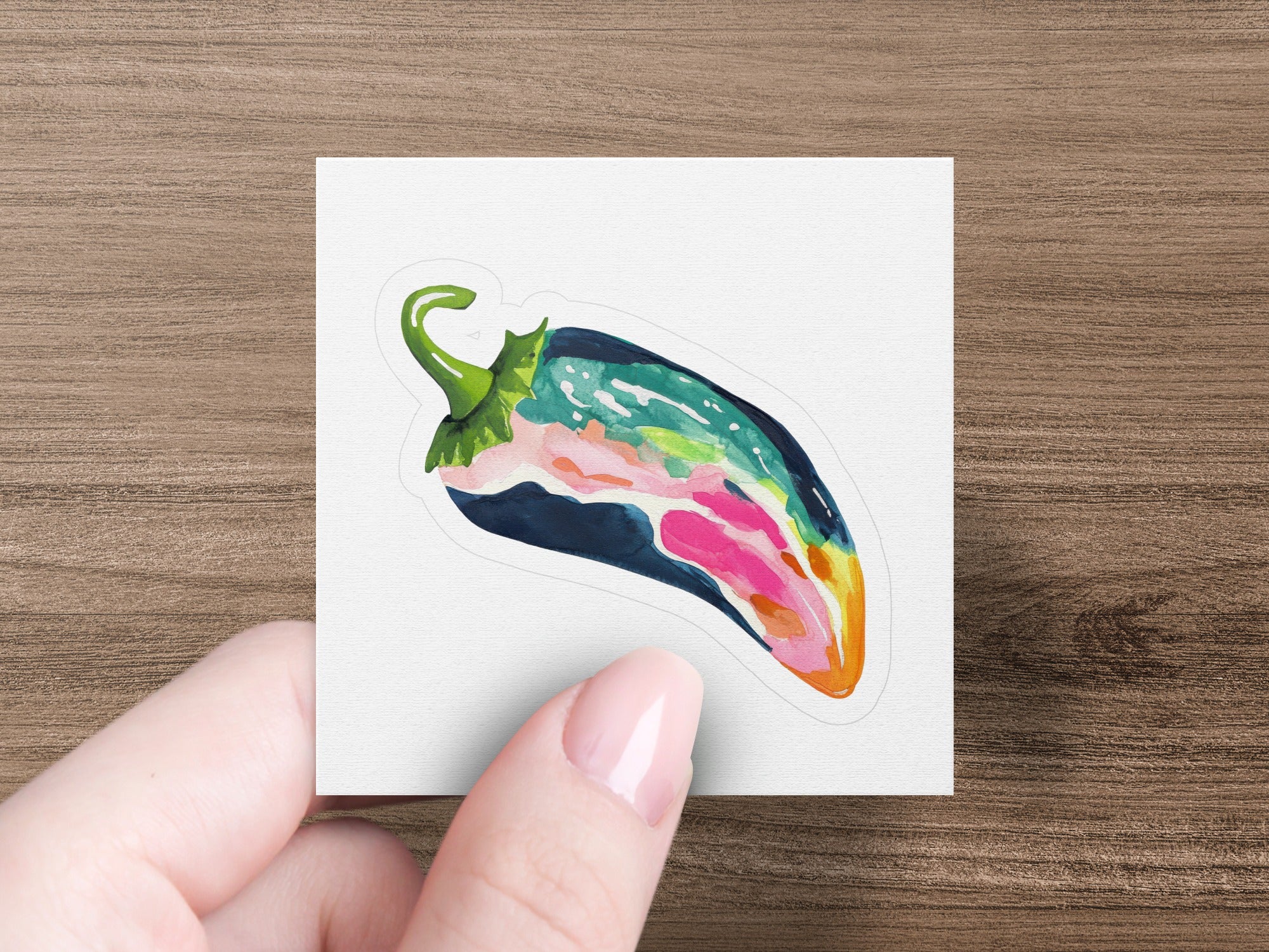 Colorful watercolor painting of a chili pepper on a white square sticker.