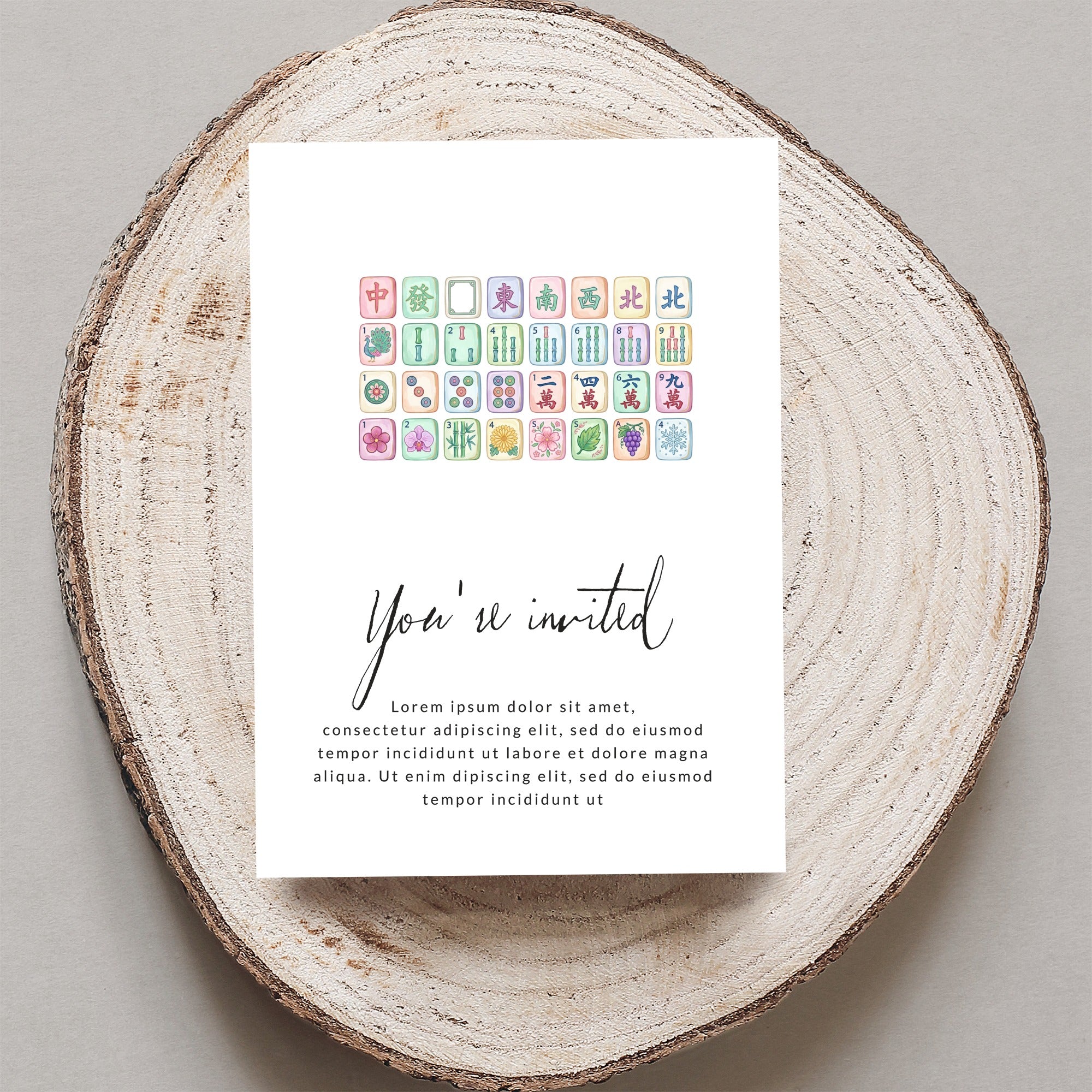 Invitation with Mahjong tiles and "You're invited" text.