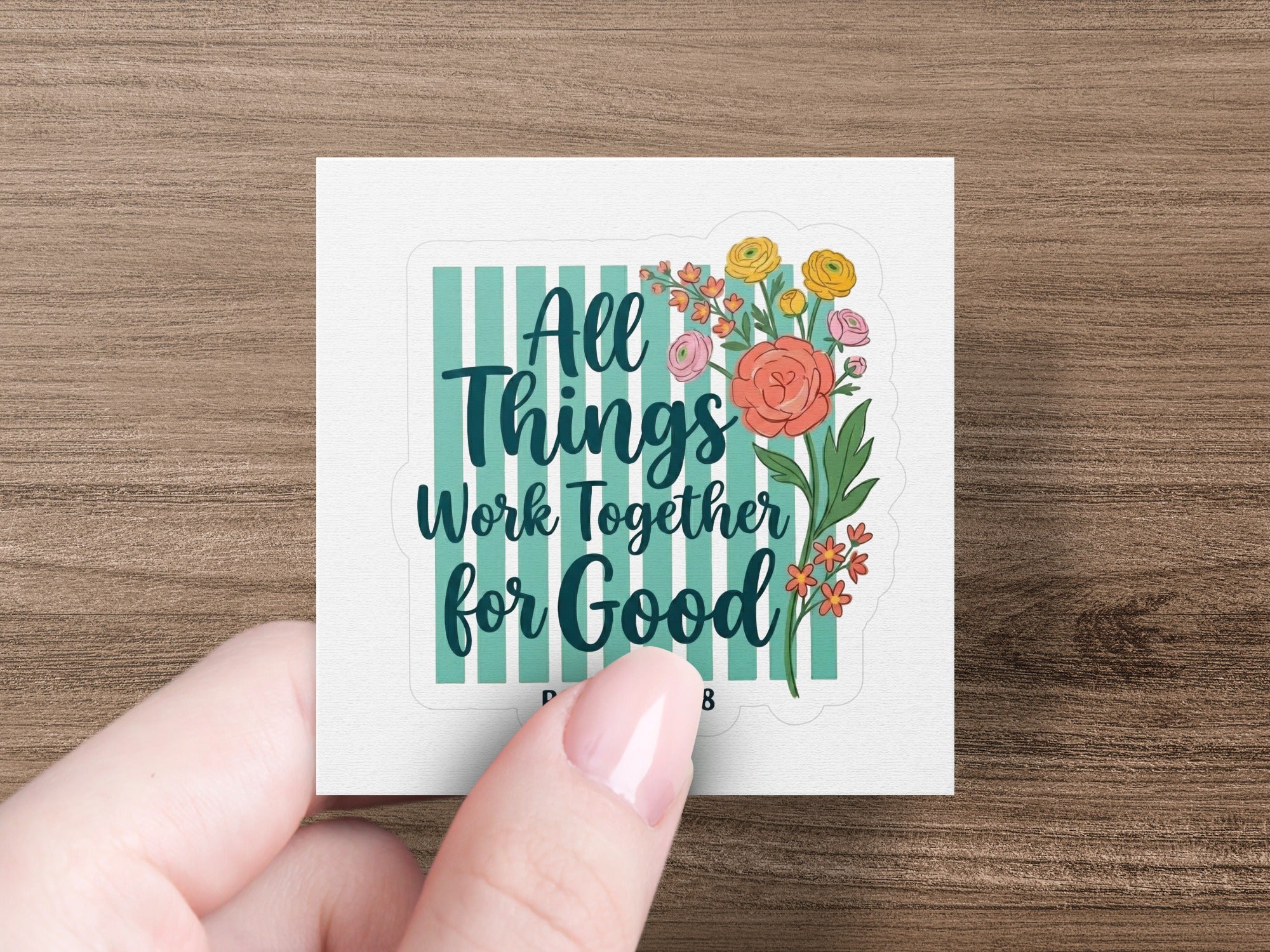 Square sticker with floral design and text "All Things Work Together for Good".