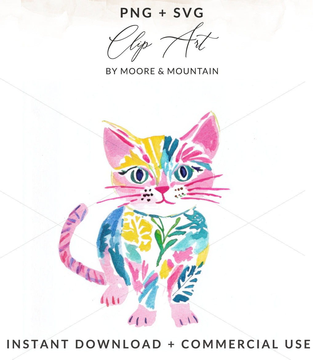 Watercolor cat illustration with floral accents and text "PNG + SVG CLIP ART".