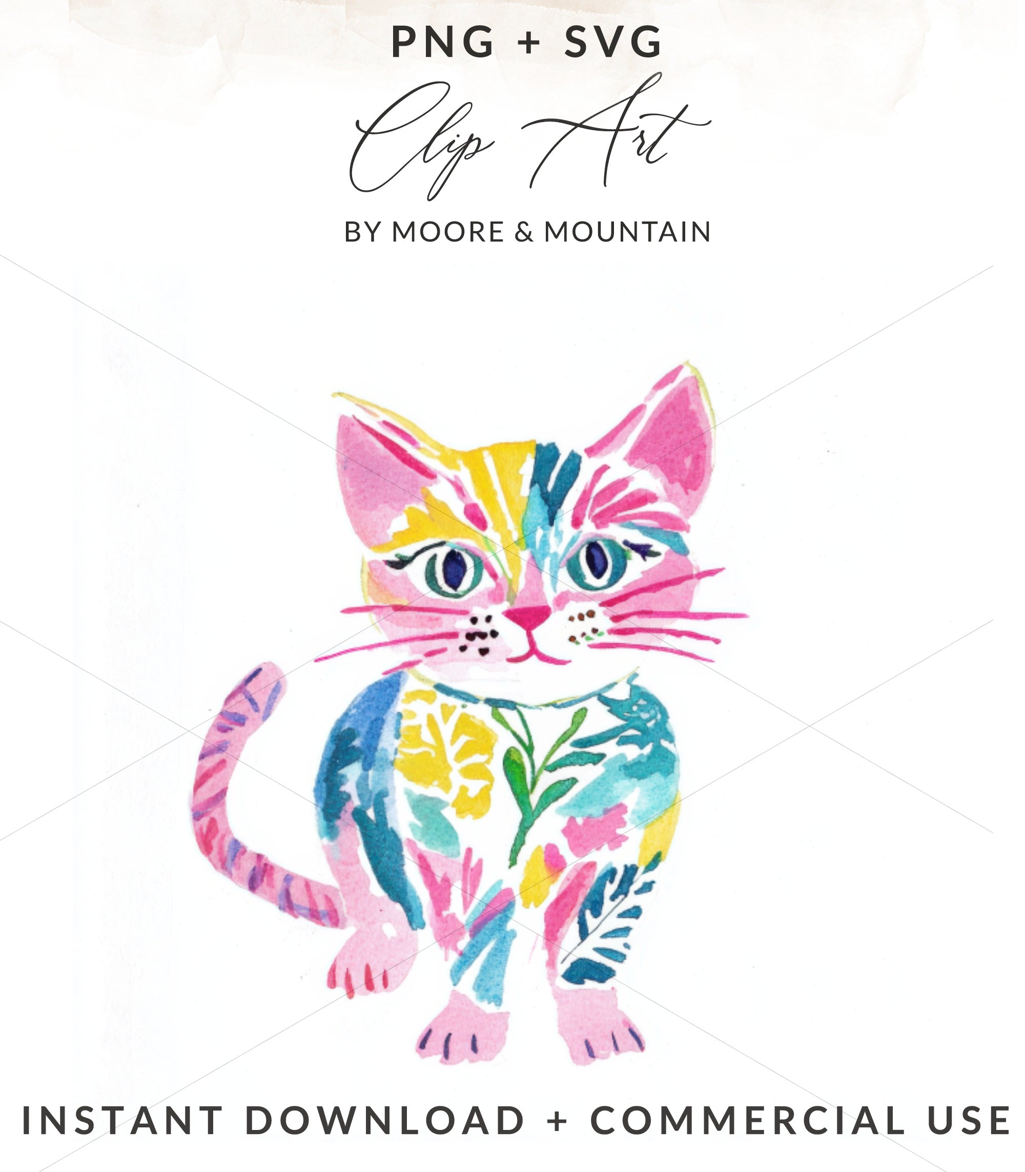 Watercolor cat illustration with floral accents and text "PNG + SVG CLIP ART".