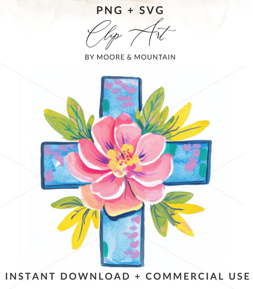Watercolor cross with pink flower and yellow leaves, "PNG + SVG CLIP ART"