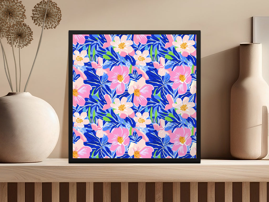 Vibrant Tropical Floral Seamless Pattern Digital Download, Preppy Bright Flower Repeat Pattern, Summer Blues Pink Green Digital Paper