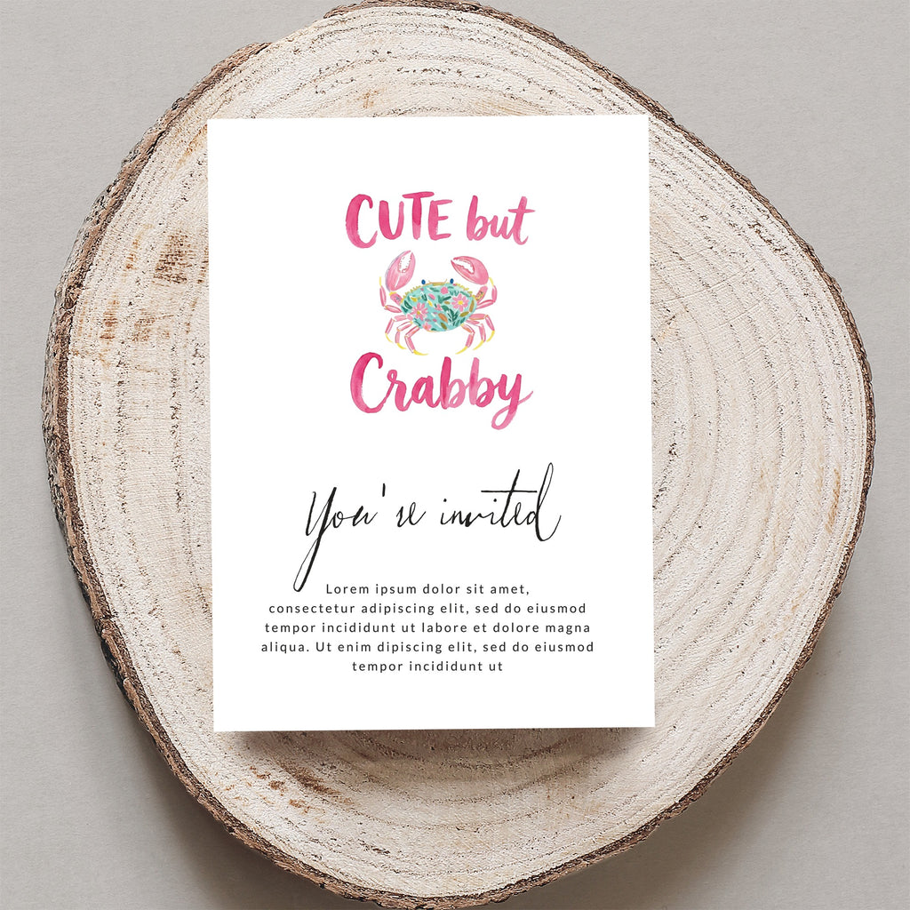 Invitation card with a crab illustration and "CUTE but Crabby You're invited" text.