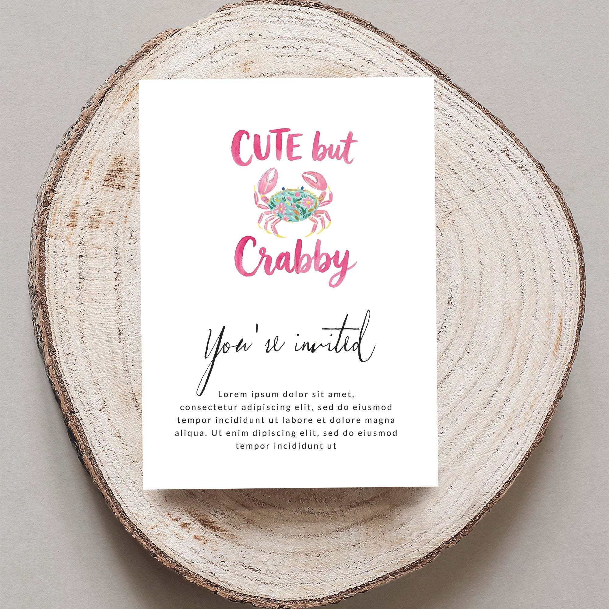 Invitation card with a crab illustration and "CUTE but Crabby You're invited" text.