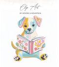 Dog holding an open book with floral design.