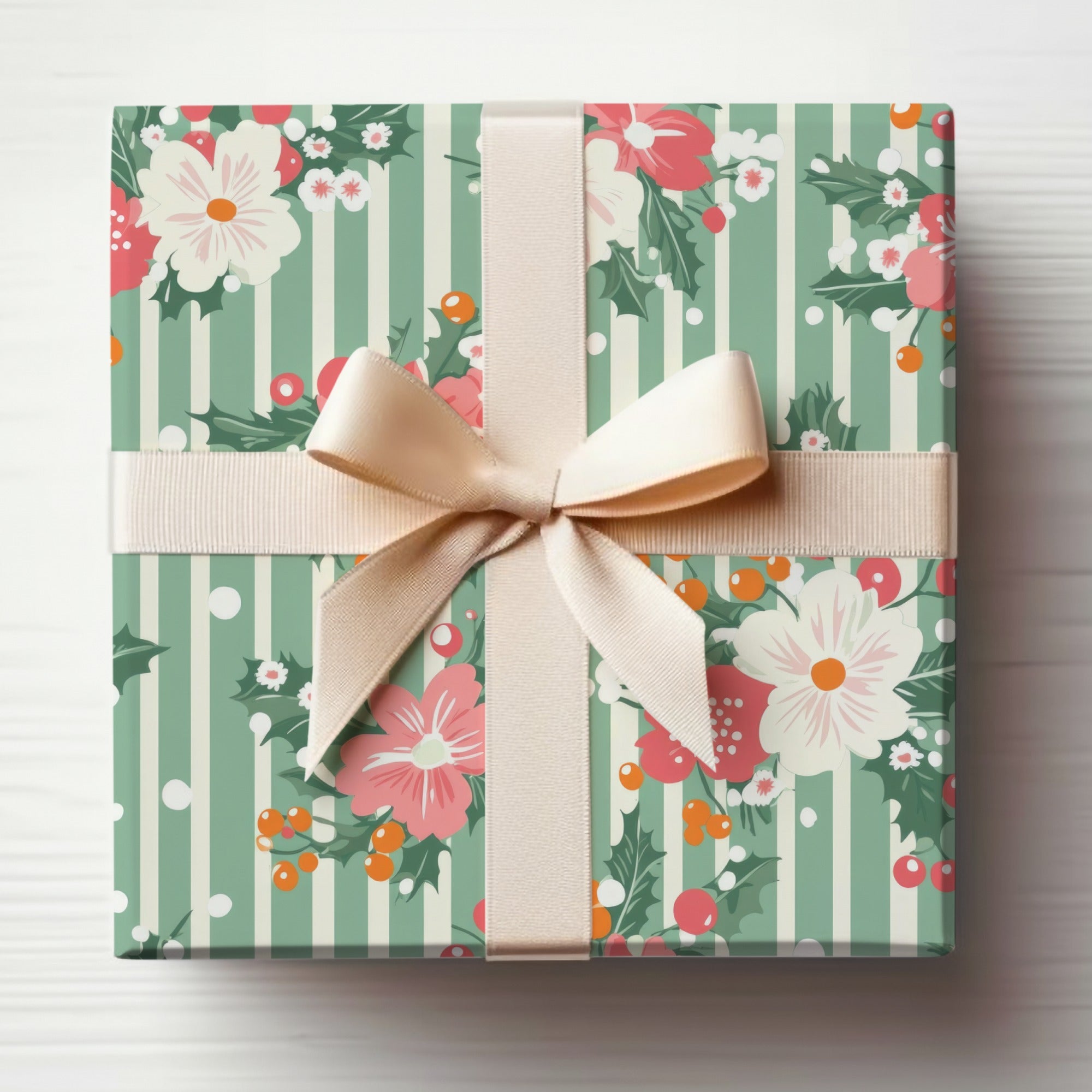 Festive Floral Striped Gift Wrapping Paper Holiday Decor
