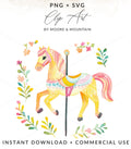 Yellow carousel horse with floral accents on white background.