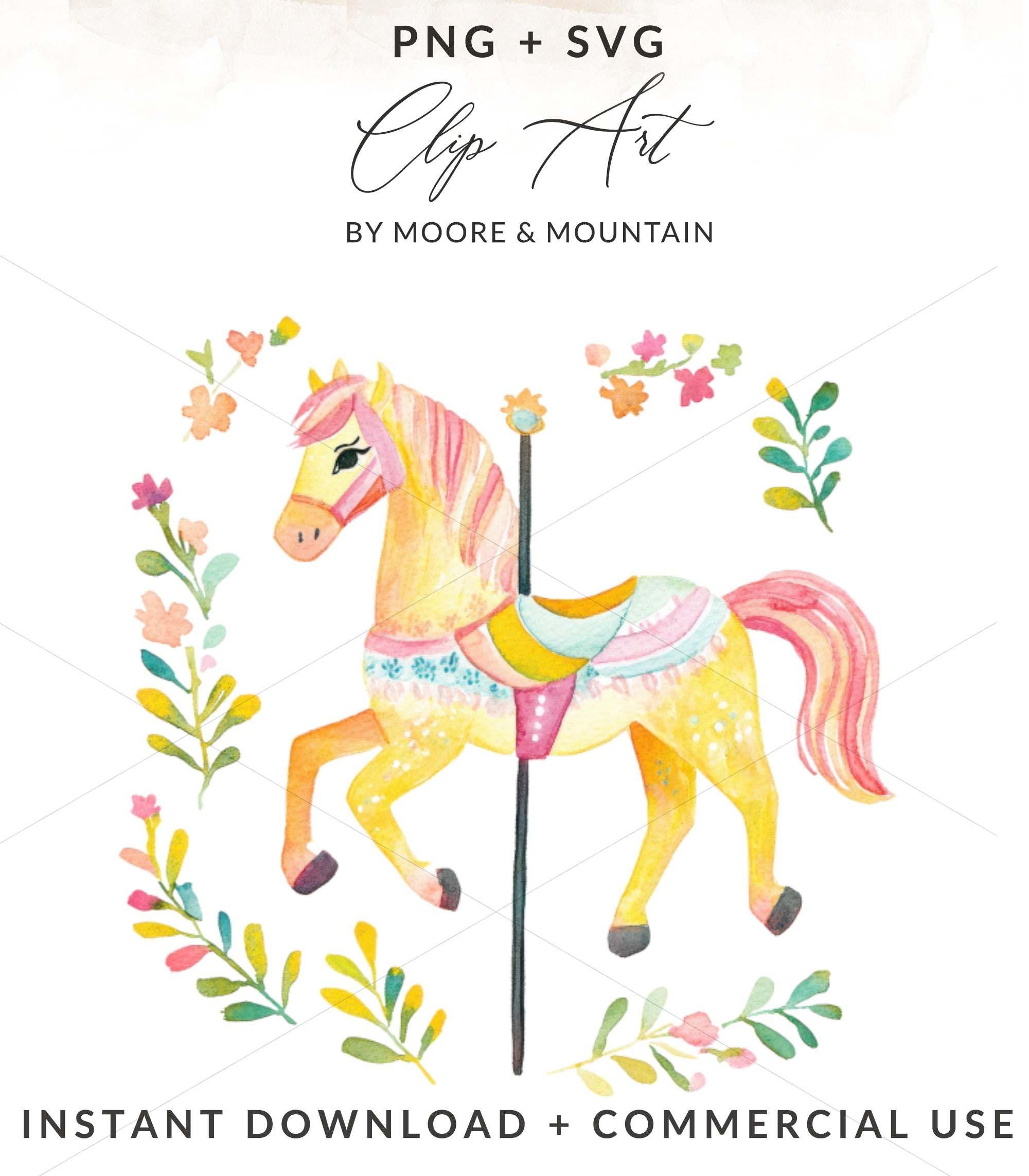 Yellow carousel horse with floral accents on white background.
