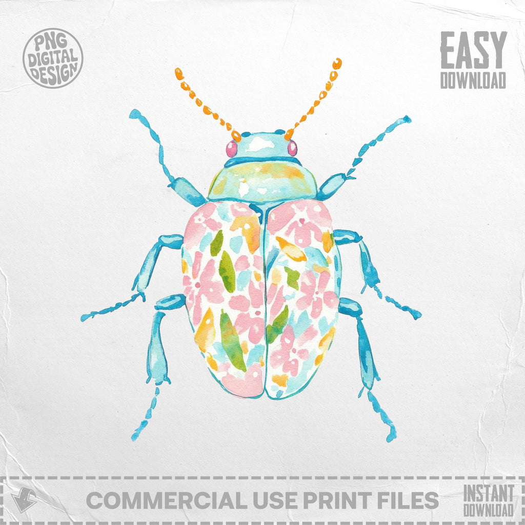 Watercolor illustration of a colorful beetle with a floral pattern on its shell.