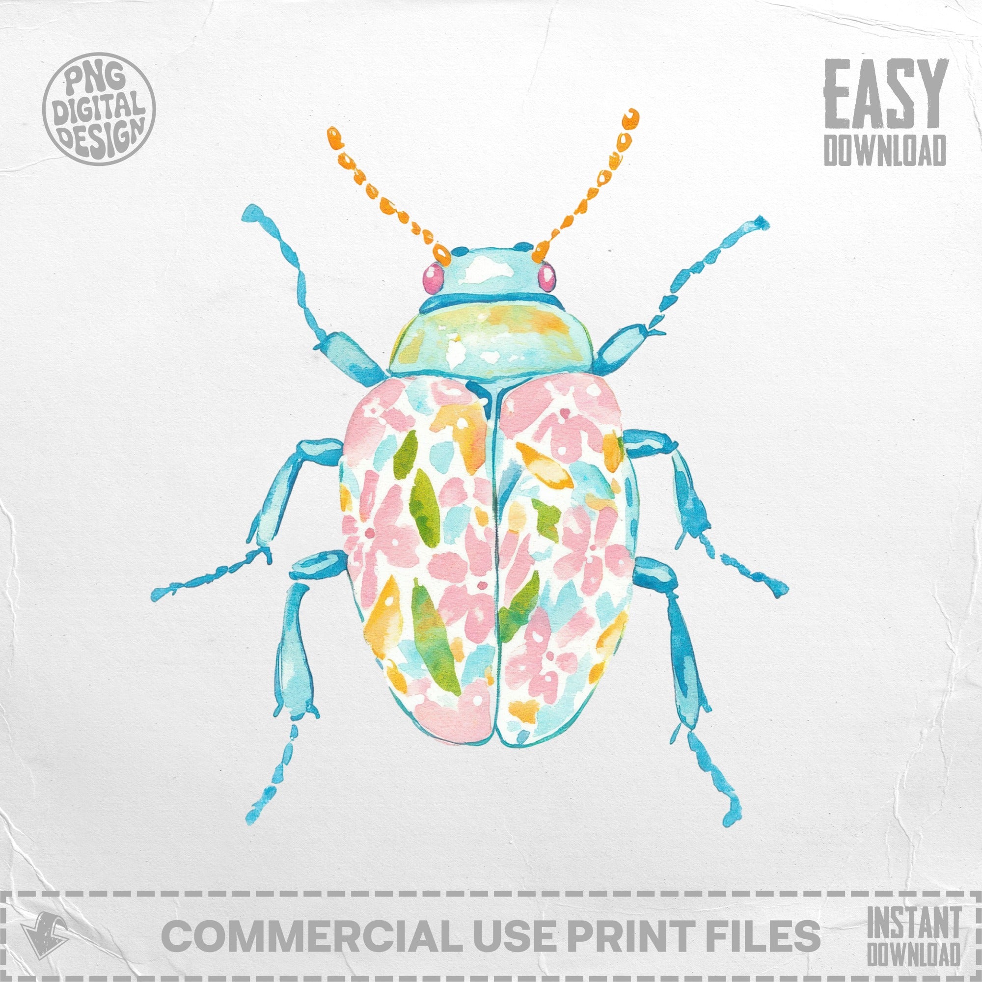 Watercolor illustration of a colorful beetle with a floral pattern on its shell.