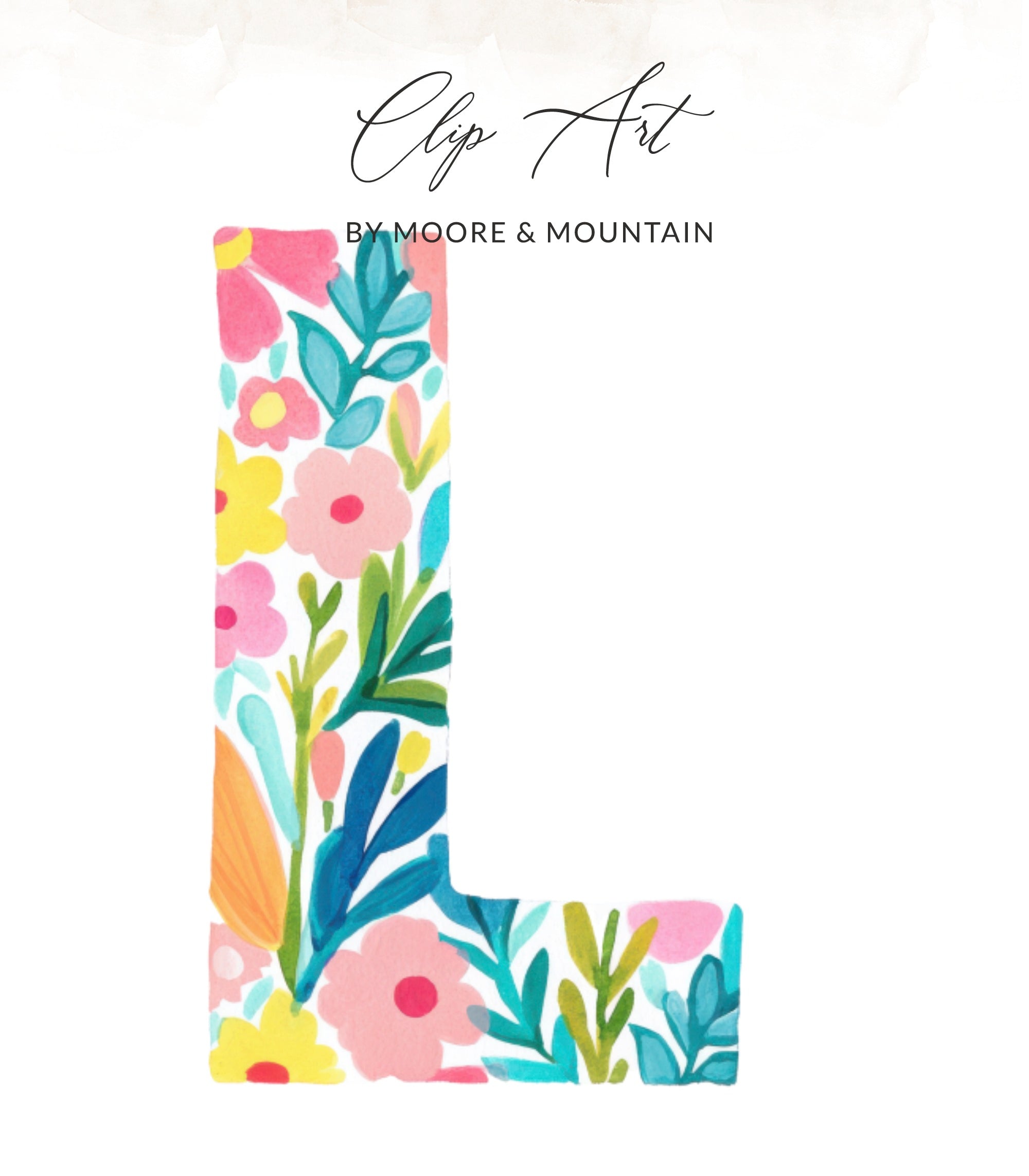 Floral letter L clip art with "Clip Art" and "BY MOORE & MOUNTAIN" text.