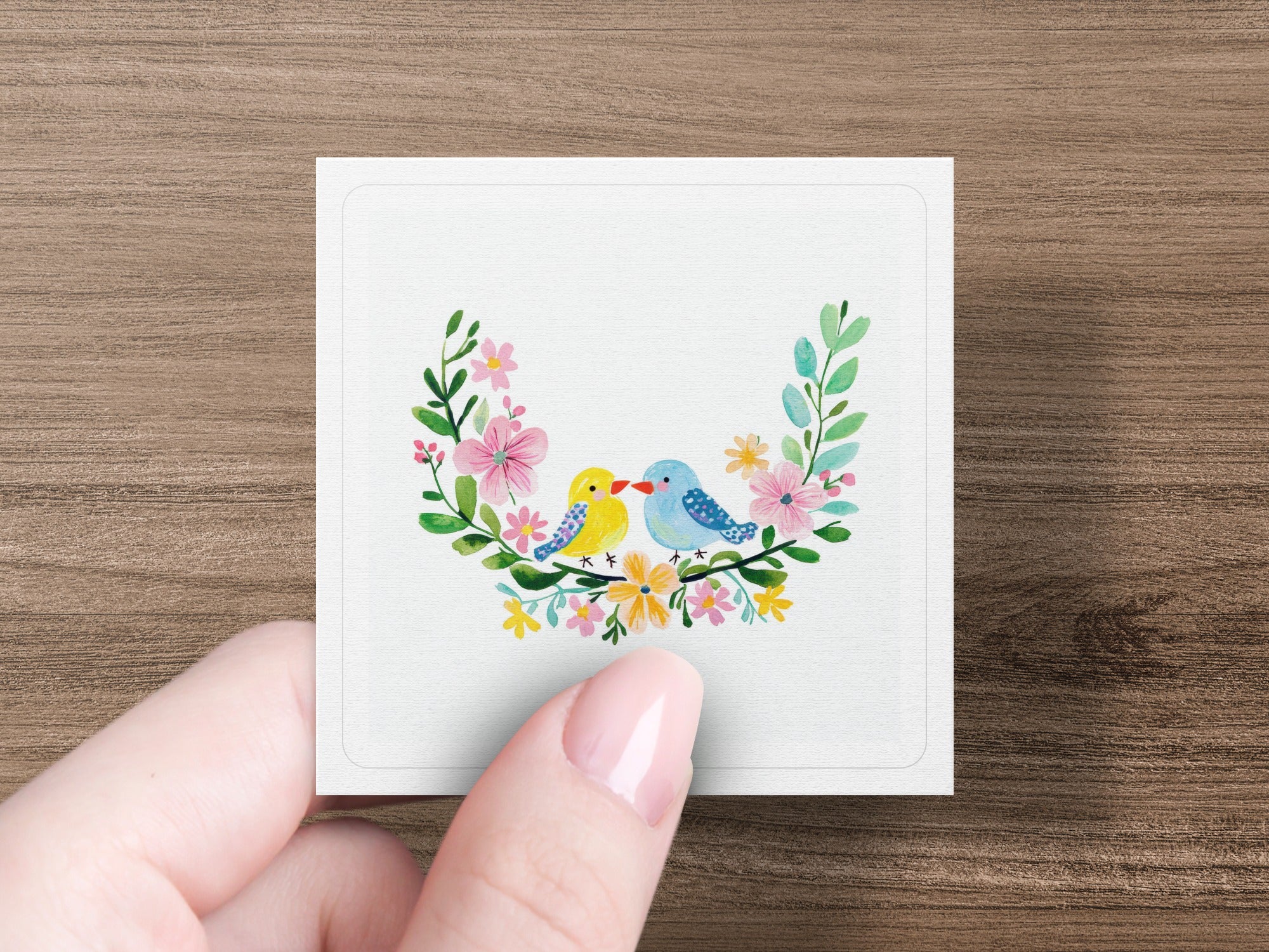 Two small birds nestled in a floral wreath on a square card.