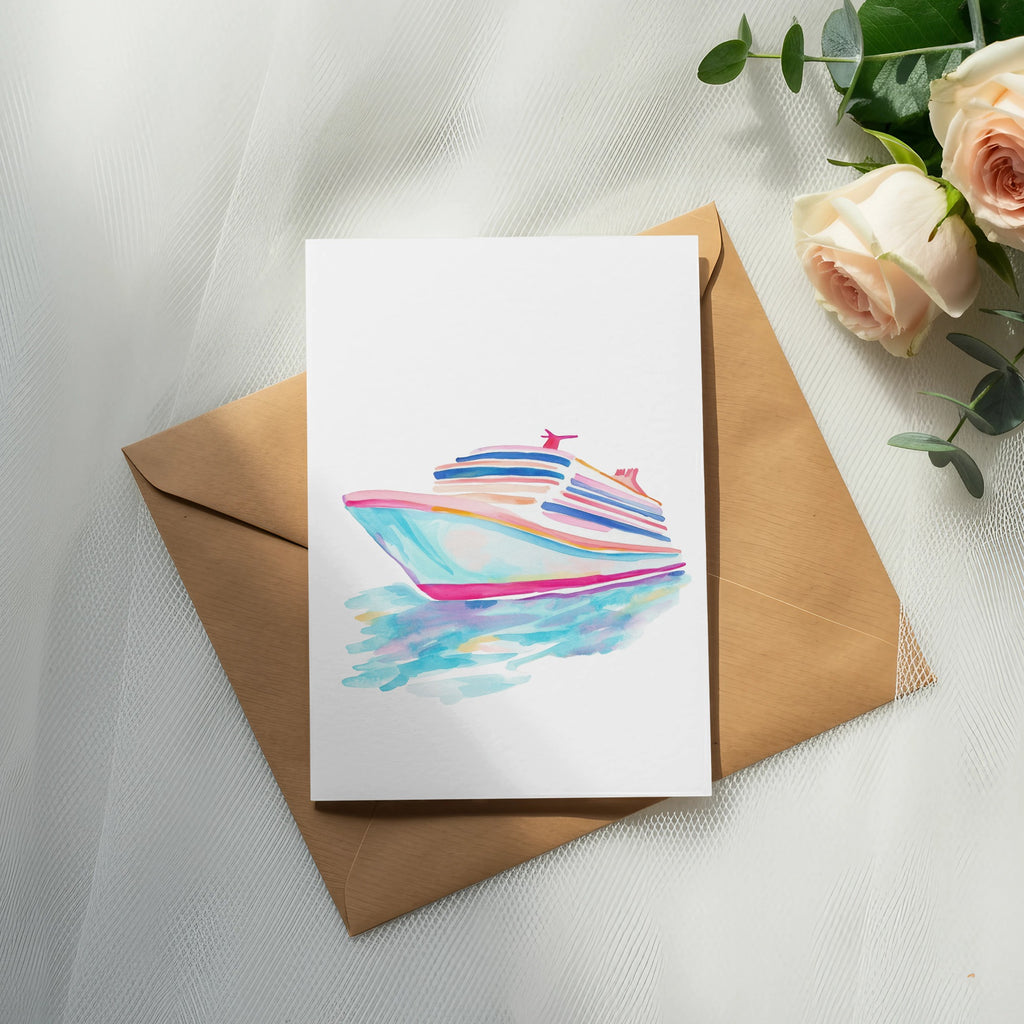 Watercolor painting of a cruise ship on a card, placed on an envelope.
