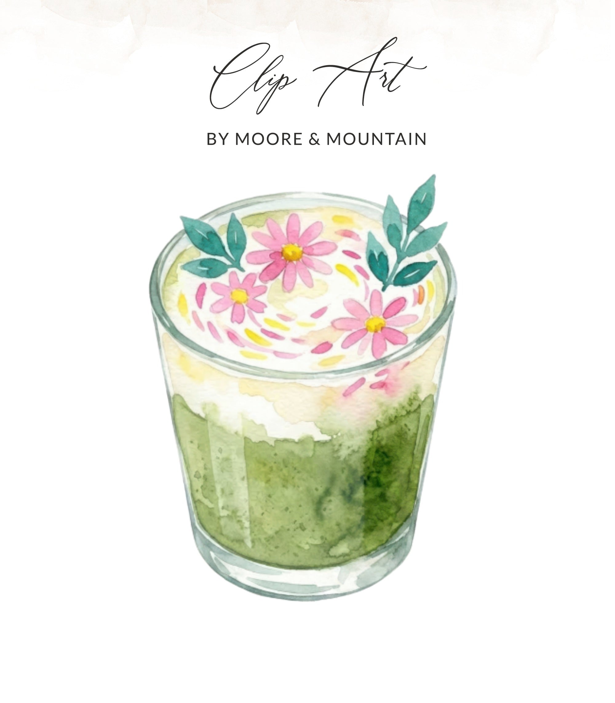 Watercolor illustration of a matcha latte with pink flowers and green leaves.