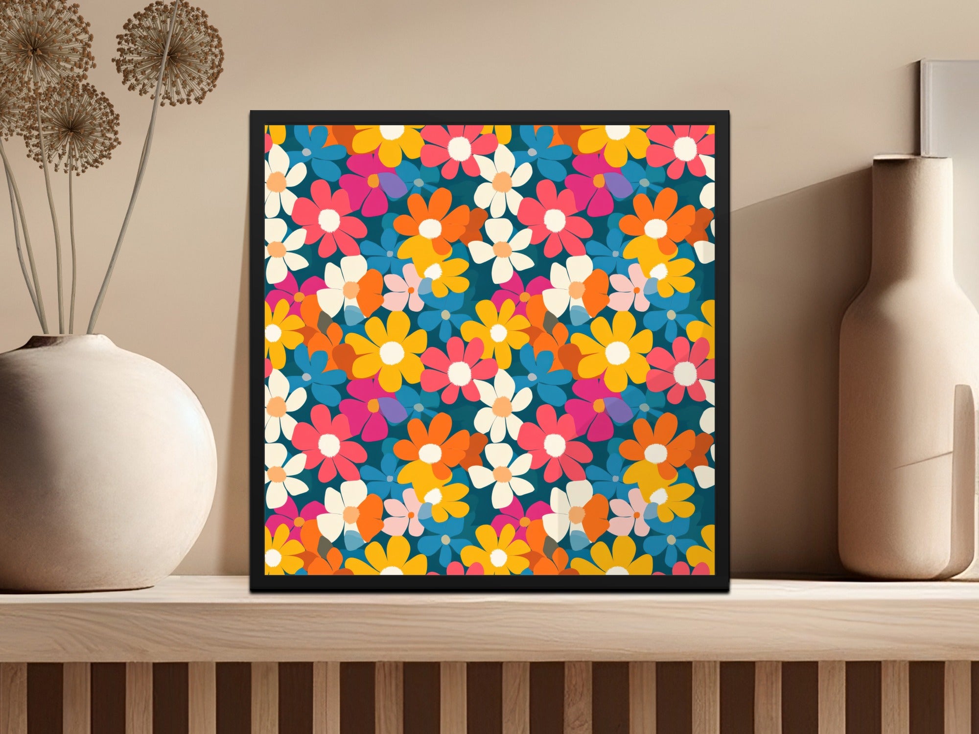 Colorful Floral Pattern Bright Groovy Style Fun product type
Floral pattern, Colorful flowers, Vibrant print, Groovy design, Retro style, Bright blooms, Daisy pattern, Pink orange yellow, Blue white purple, Teal background, Modern floral, Cheerful design, Graphic floral, Flower power, Artistic pattern, Pop art floral, Abstract flowers, Home decor art, Vibrant aesthetic, Bold floral design