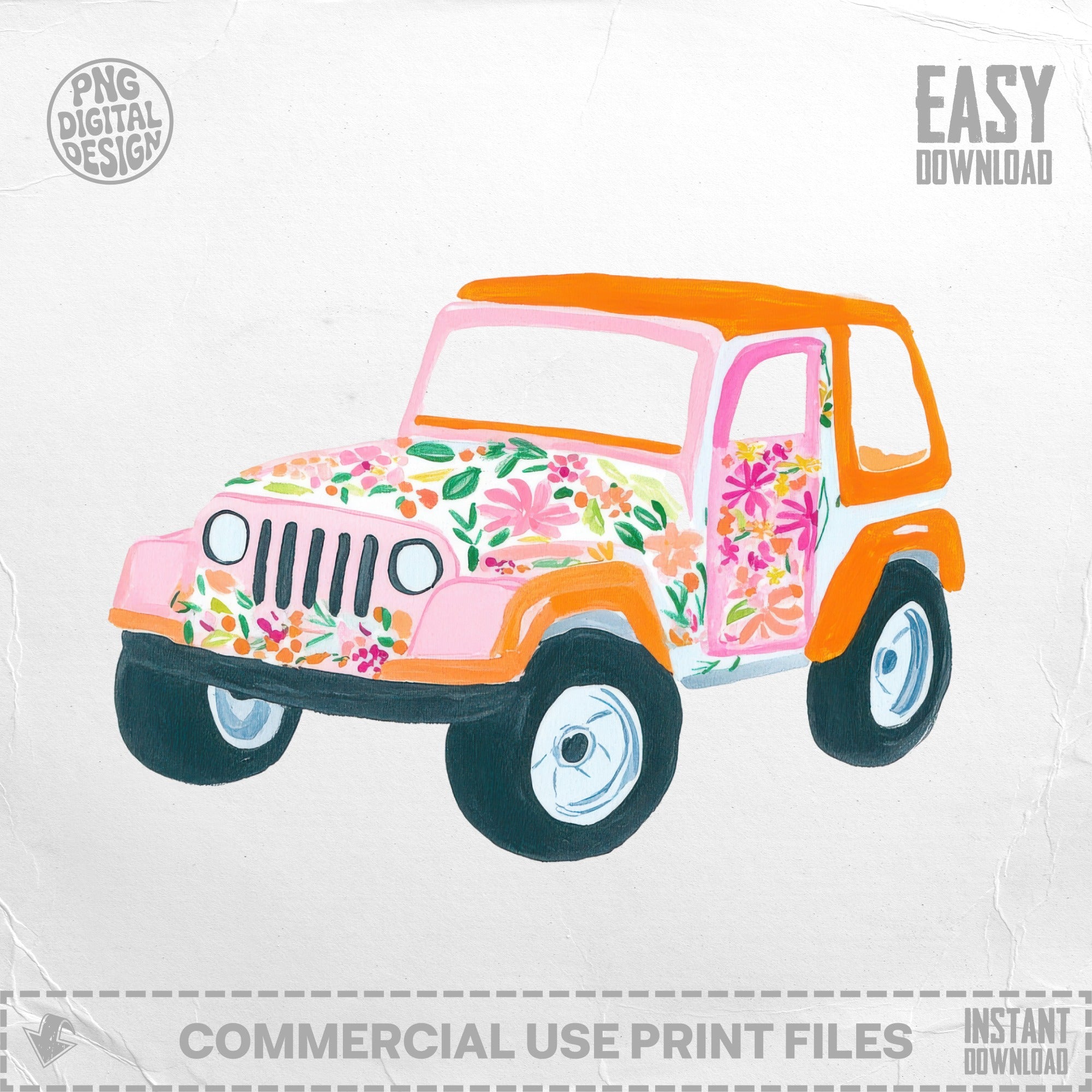 Pink jeep with floral pattern and "PNG DIGITAL DESIGN" text.