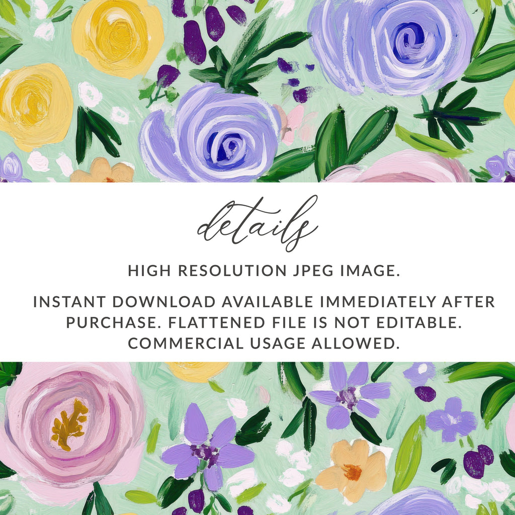 Fine Art Floral Seamless Pattern, Acrylic Floral Print, Pastel Flowers Digital Paper, Mint Green Floral Pattern, Fabric Design