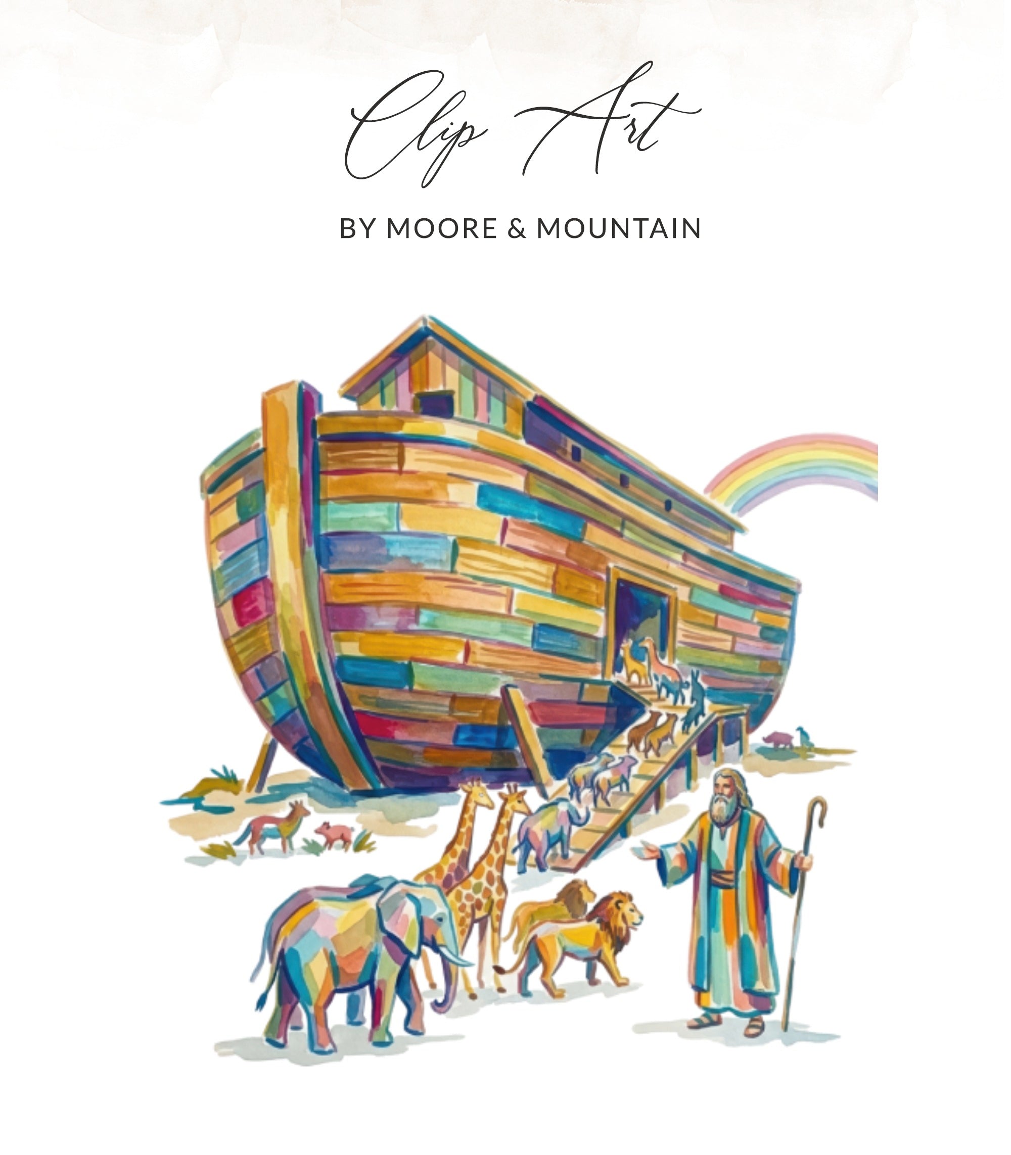 Noah's Ark with animals and a rainbow, "Clip Art by Moore & Mountain" text.