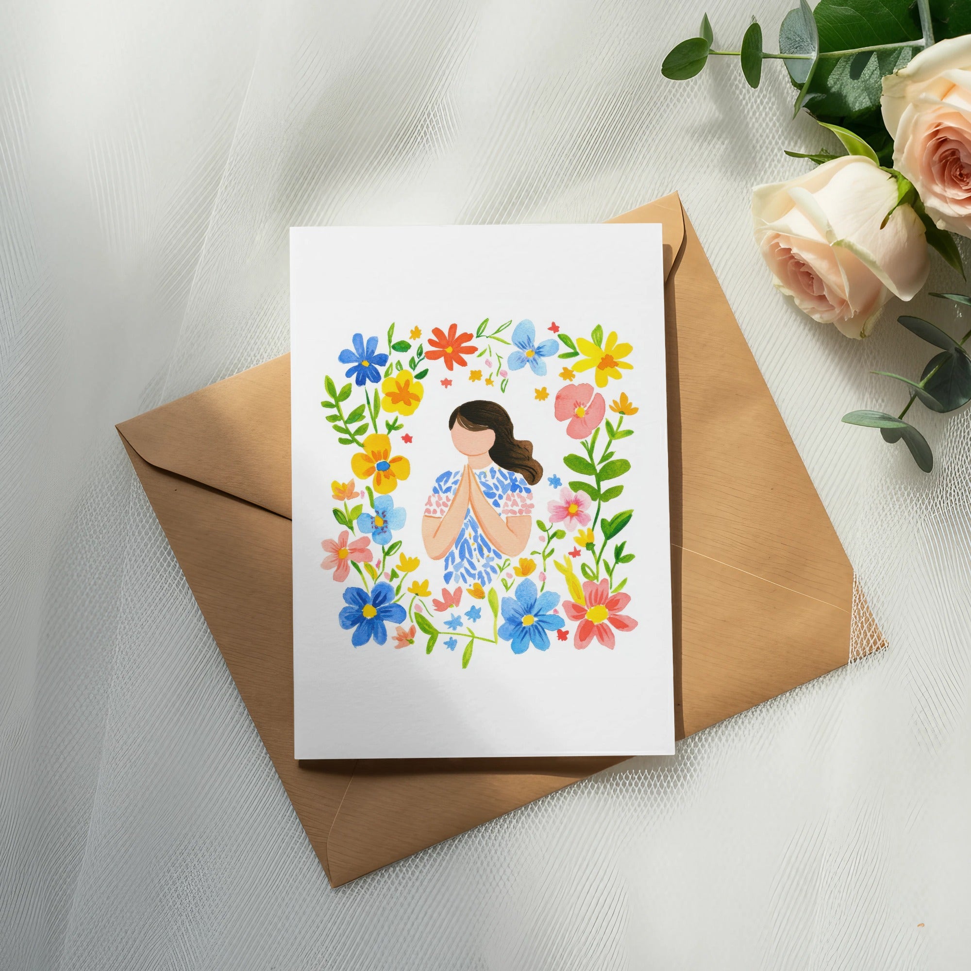Card with woman in floral border on brown envelope, with roses.