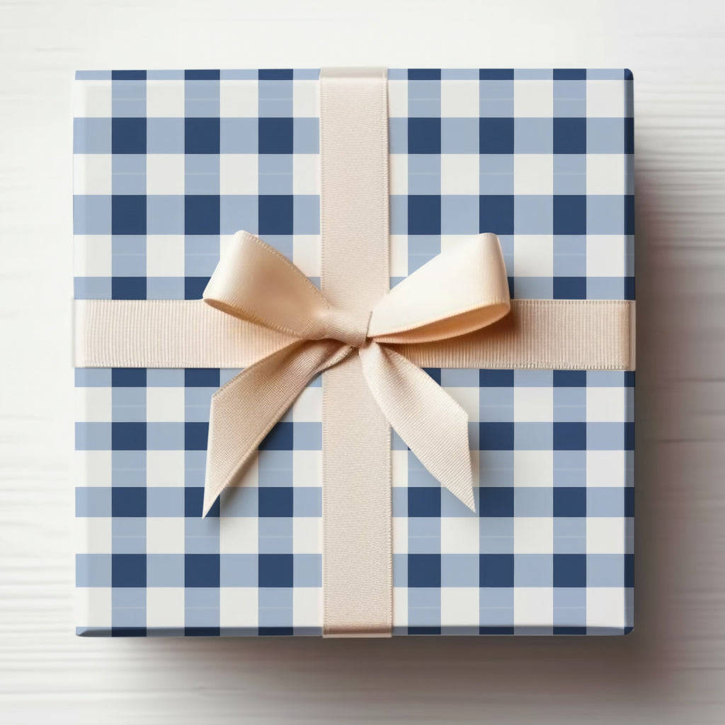 Elegant Blue Checkered Gift Box with Cream Bow