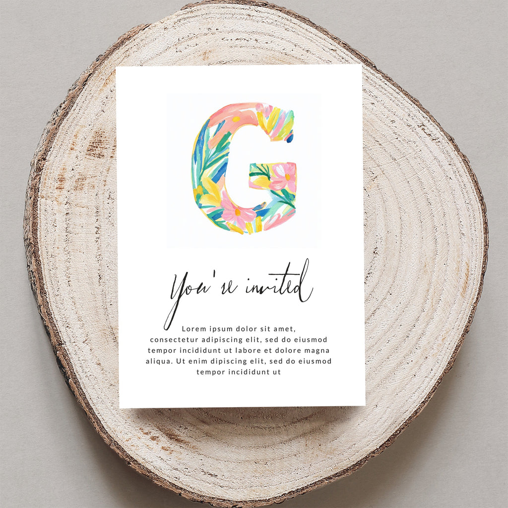 Invitation card with large "G" and "You're invited" text.