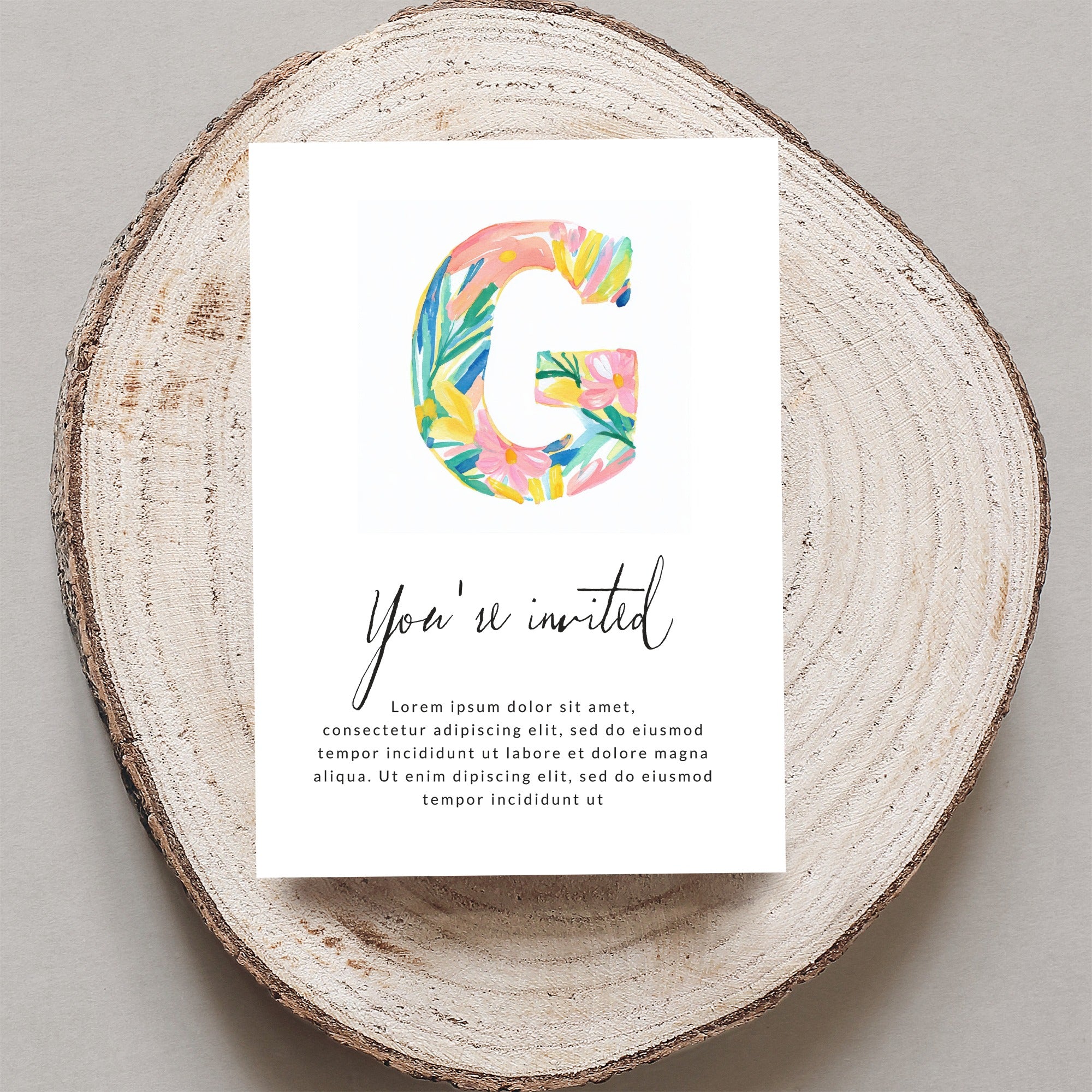 Invitation card with large "G" and "You're invited" text.