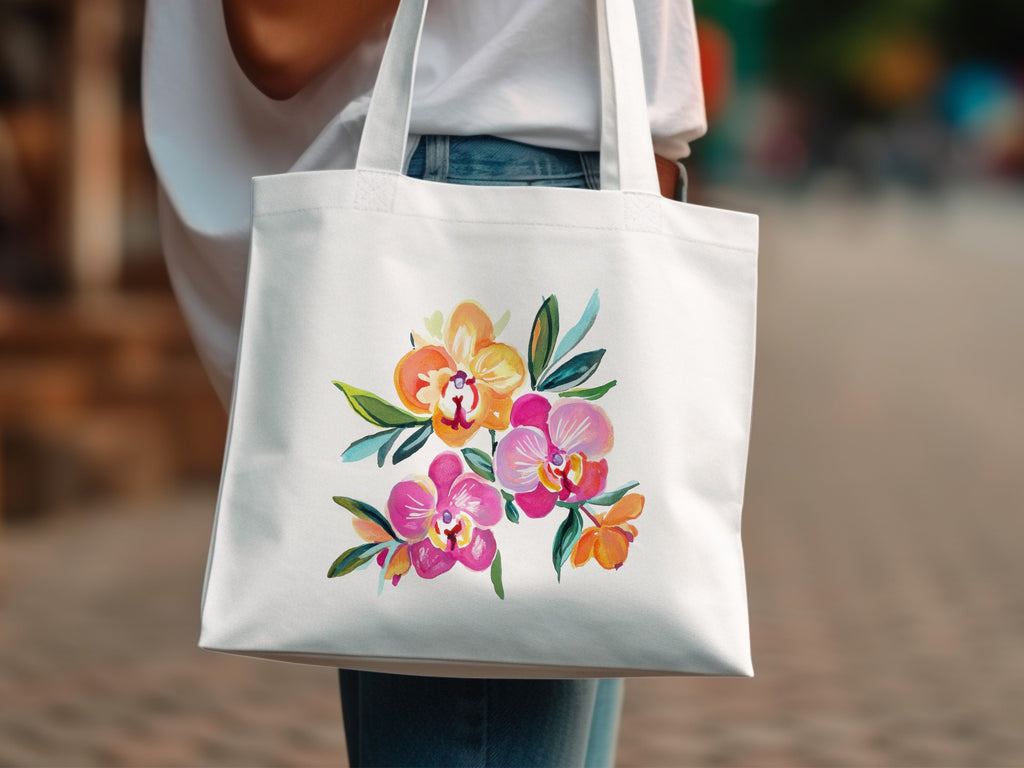 White tote bag with a colorful watercolor floral design.