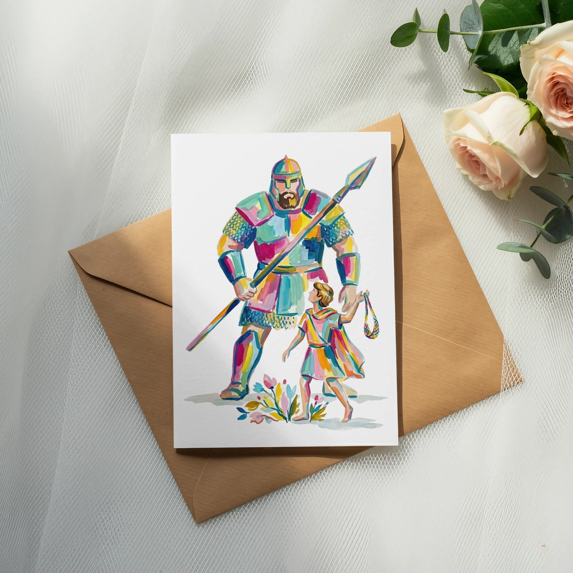 Illustration of David and Goliath on a card, with roses and envelope.