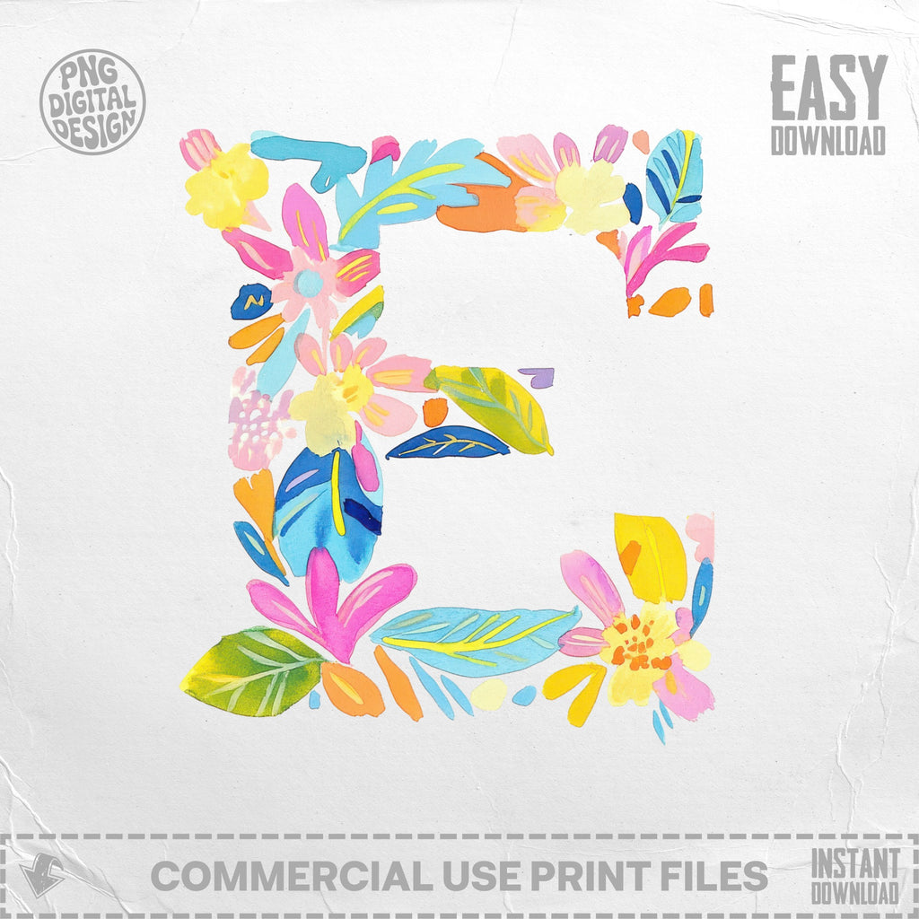 Letter E in floral watercolor design with text for download.