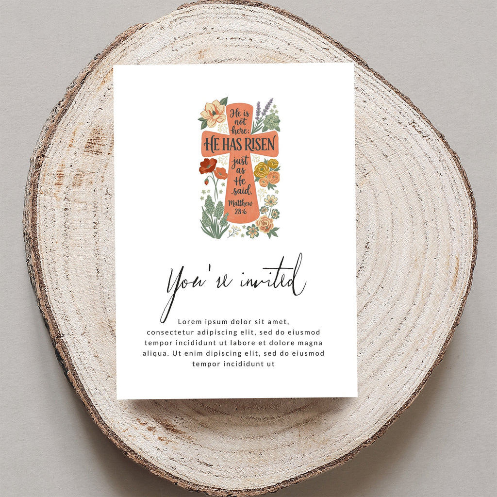 Invitation with "He Has Risen" and floral cross, "You're invited" text.