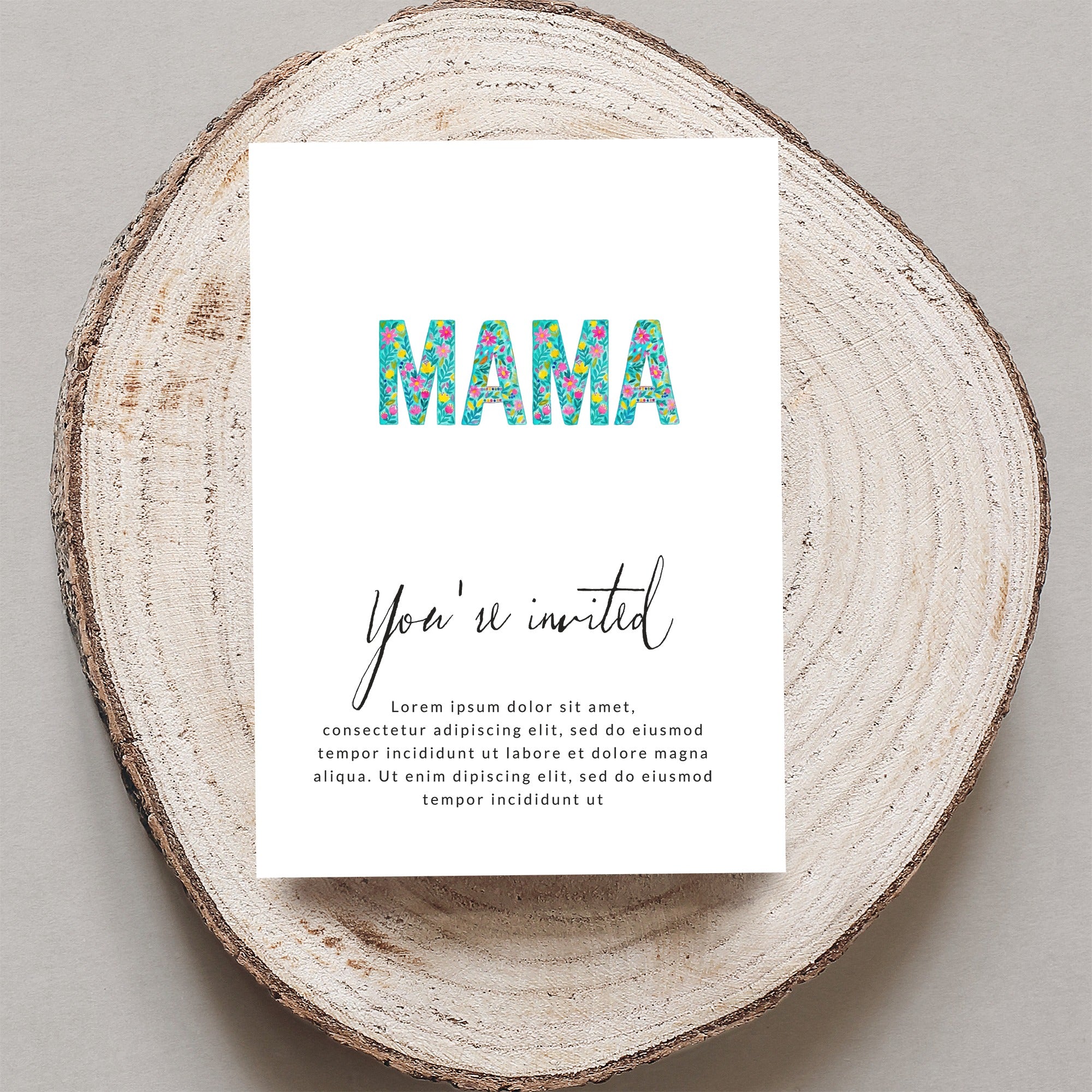 Card with "MAMA" in floral letters and "You're invited" text.