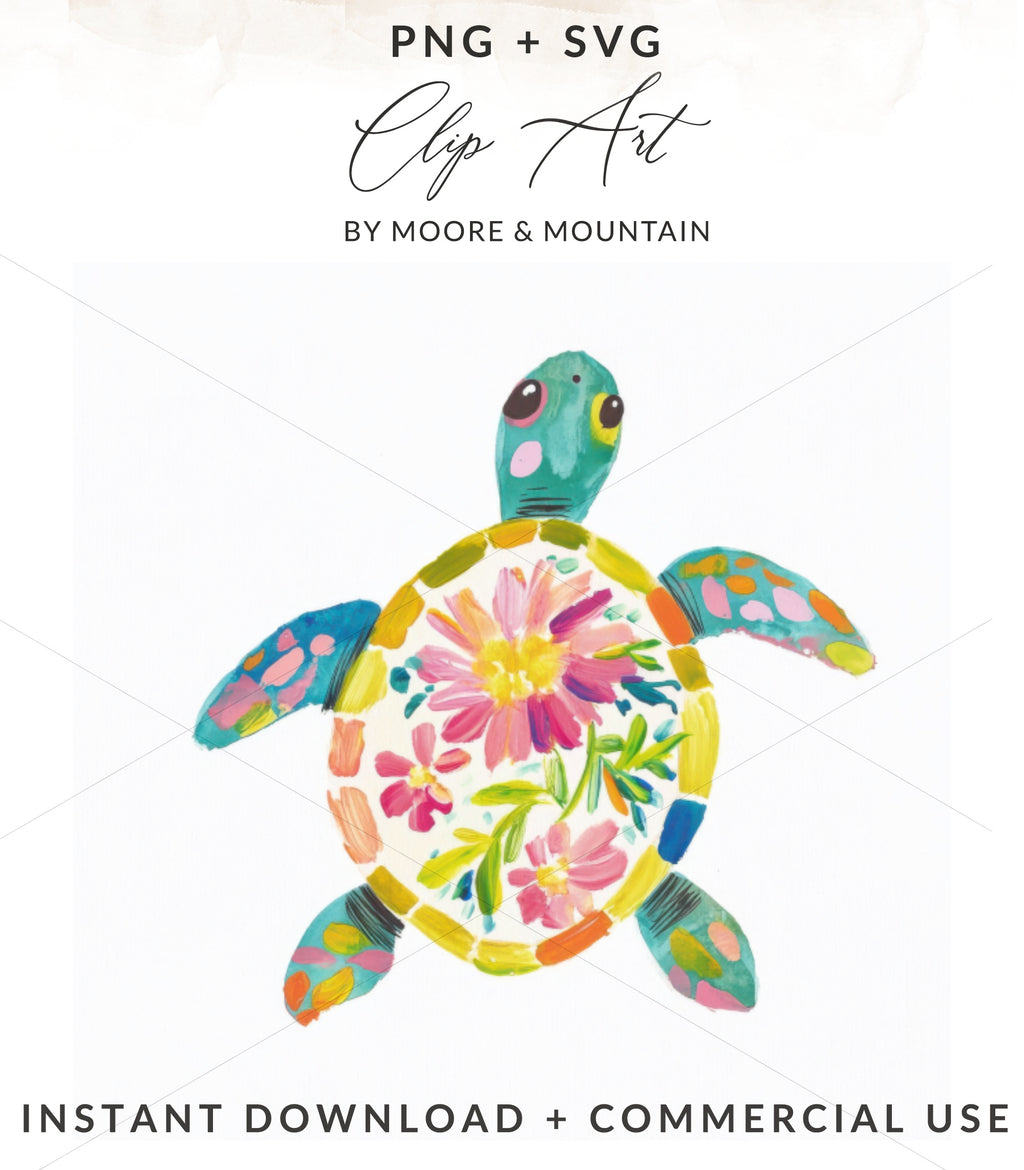 Watercolor turtle with floral pattern, "PNG + SVG BY Moore & Mountain".