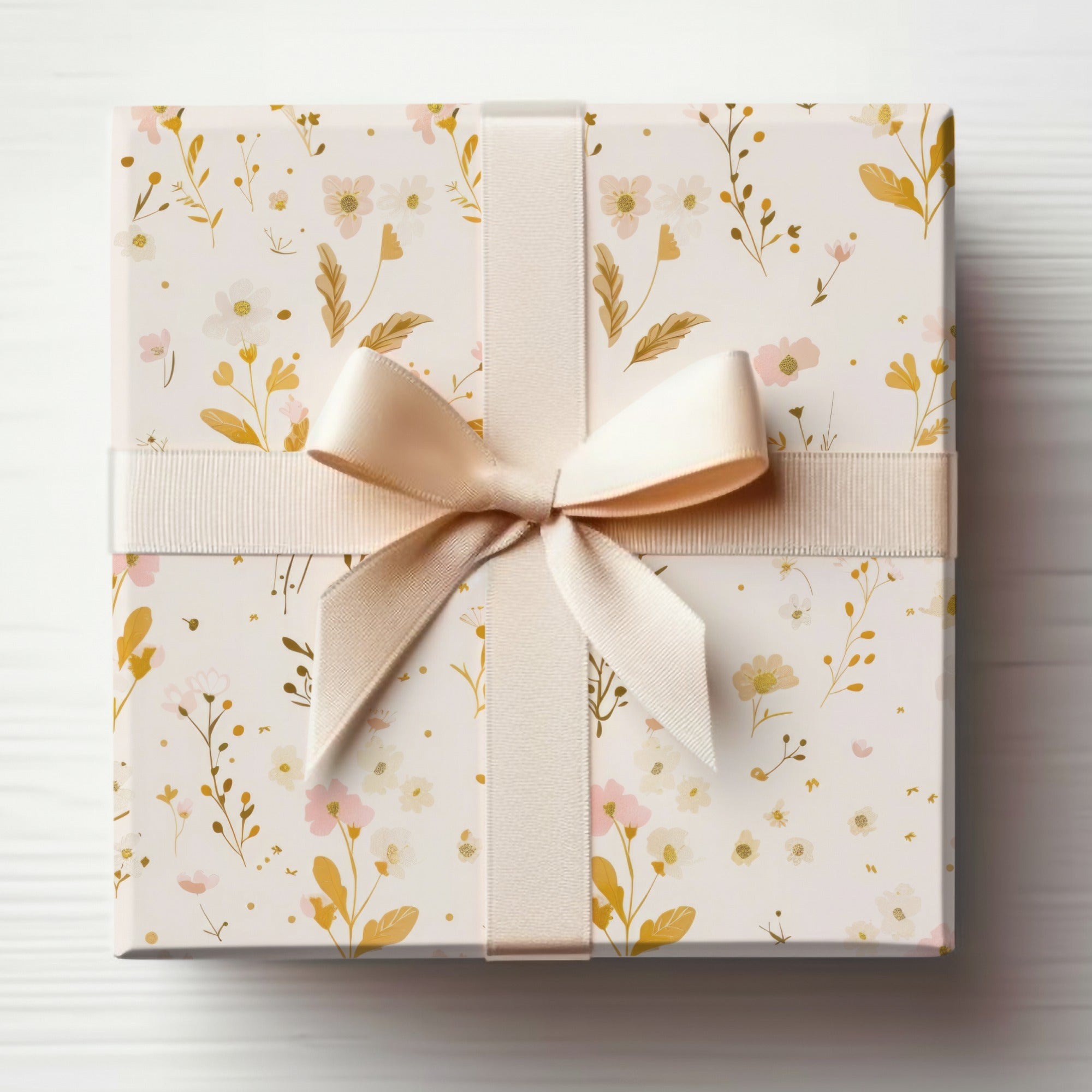 Elegant Floral Gift Wrap with Beige Ribbon Bow