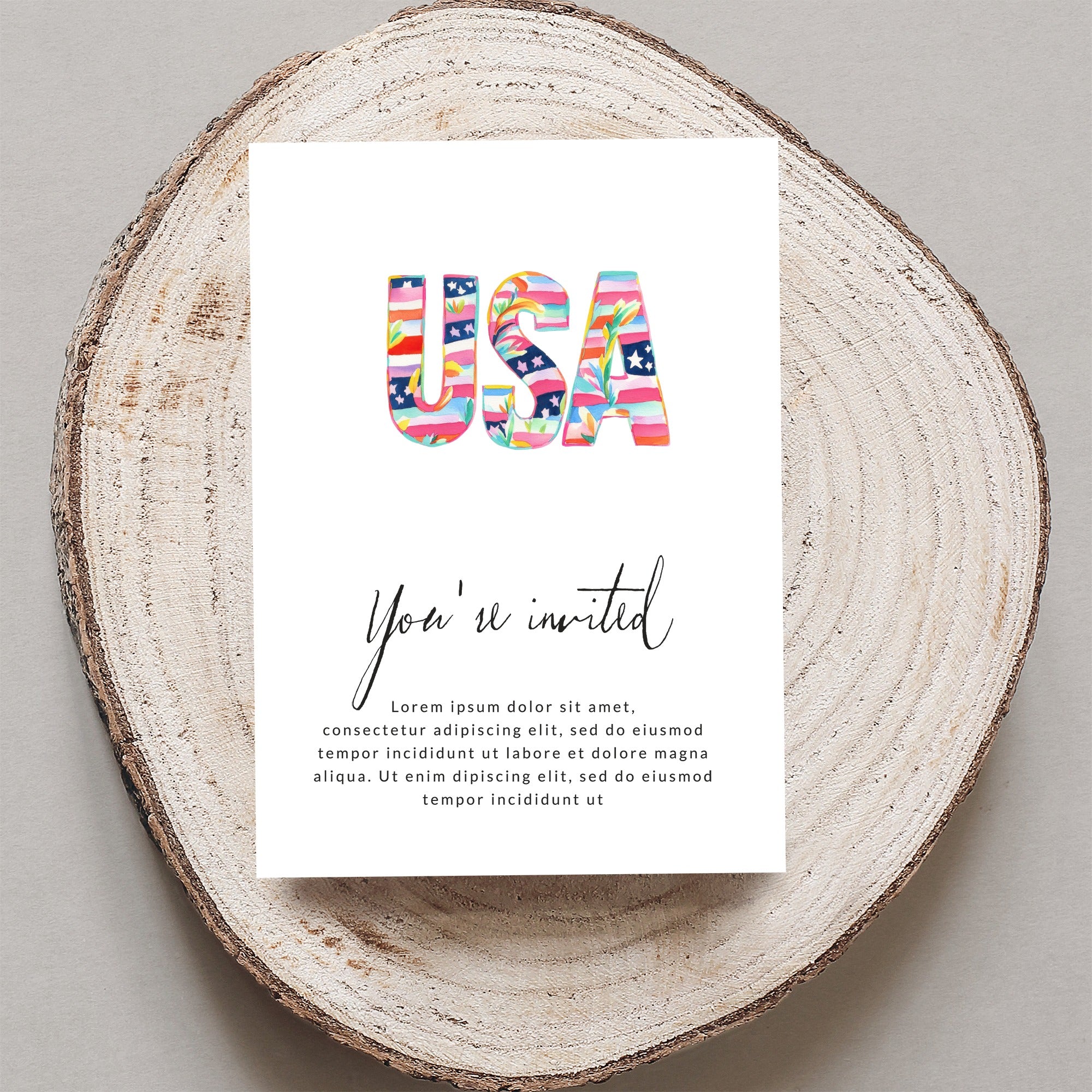 Invitation card with "USA" in patriotic colors and cursive "You're invited" text.
