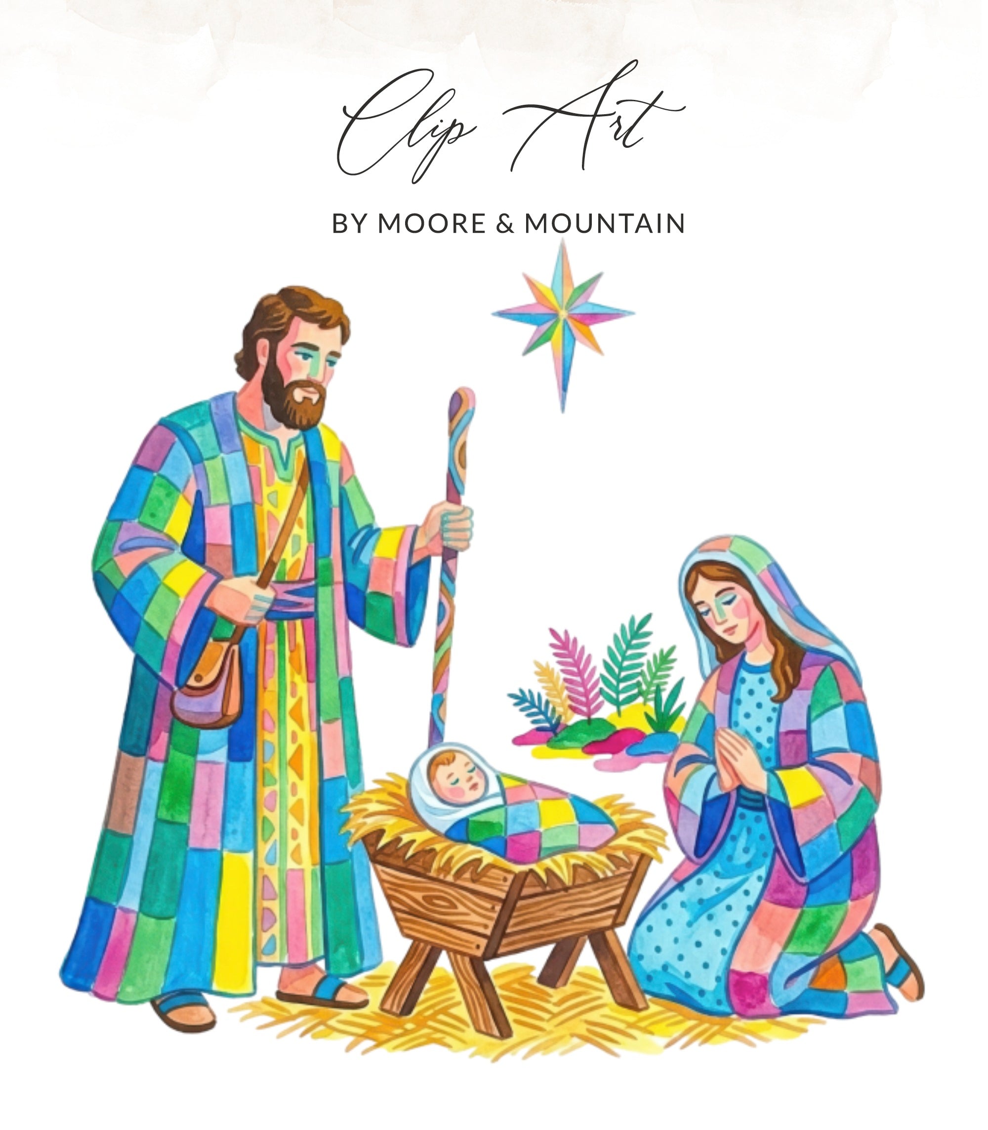 Nativity scene: Mary, Joseph, and baby Jesus in manger with star.
