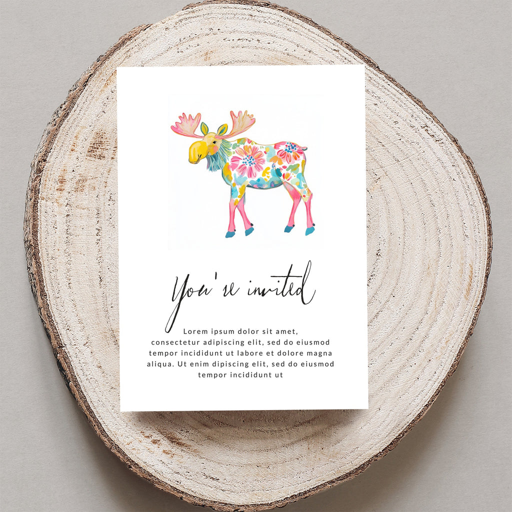 Illustrated floral moose on "You're invited" card with placeholder text.