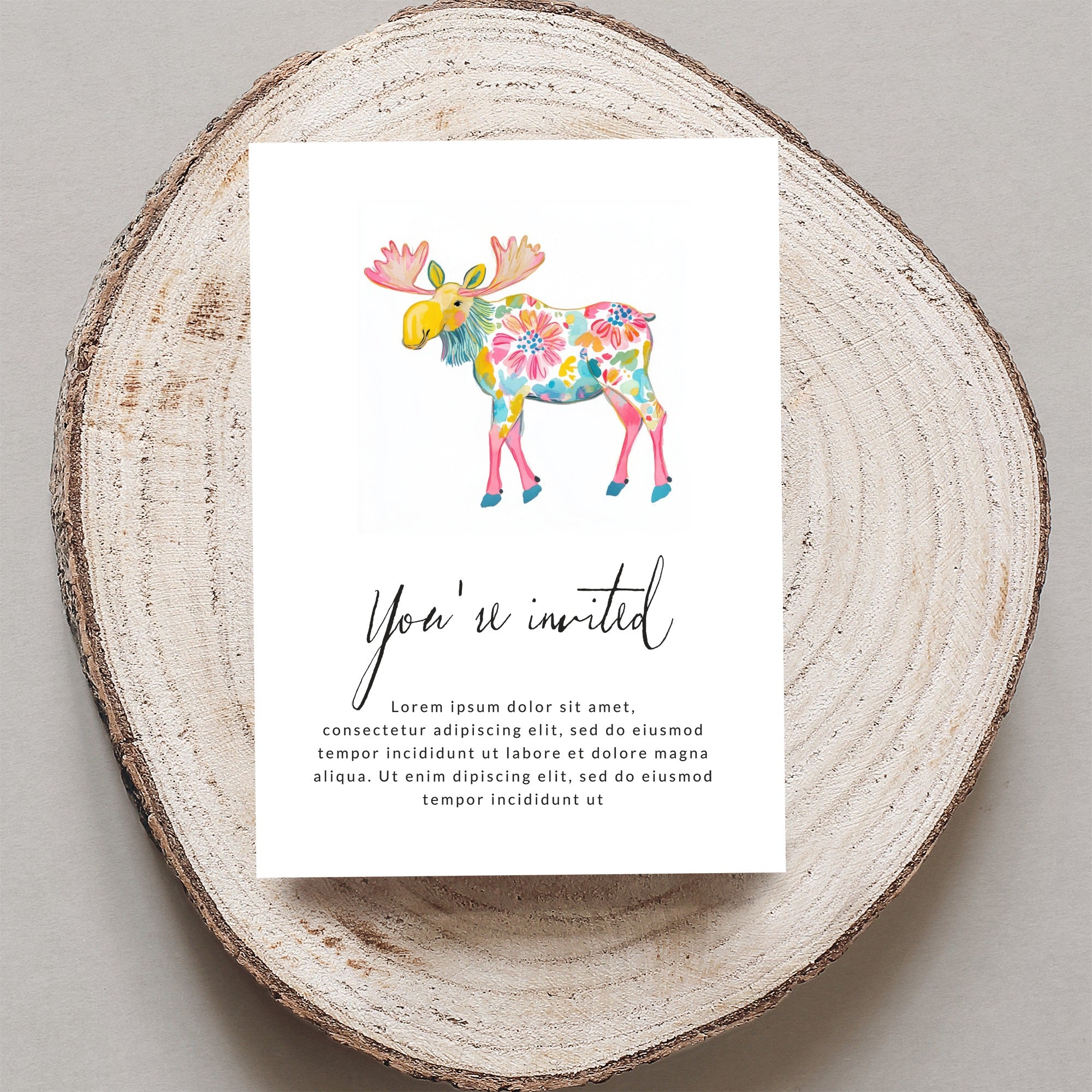 Illustrated floral moose on "You're invited" card with placeholder text.