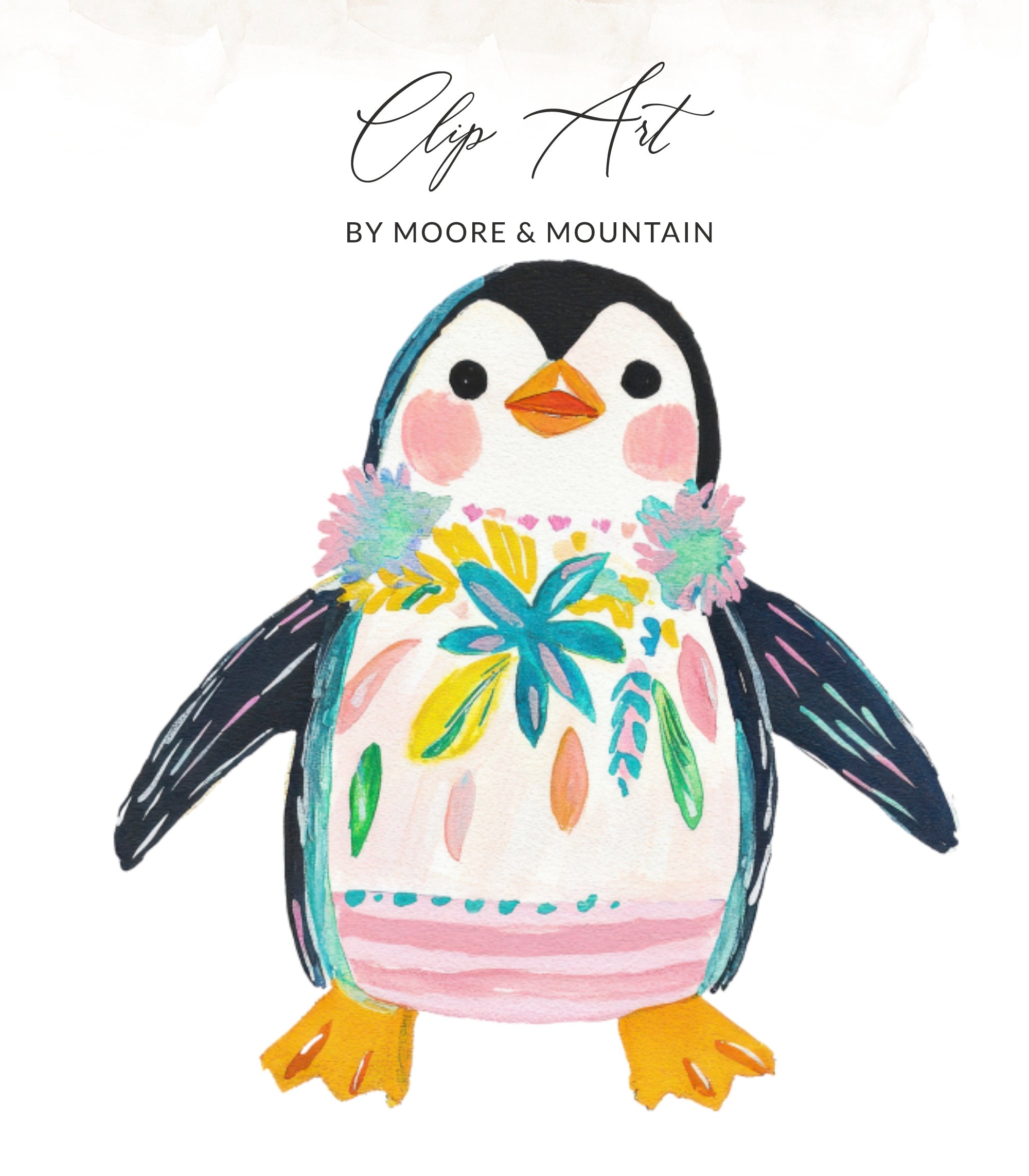Whimsical painted penguin with floral details and a pink striped belly.