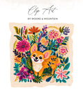 Charming corgi illustration surrounded by colorful wildflowers and foliage.