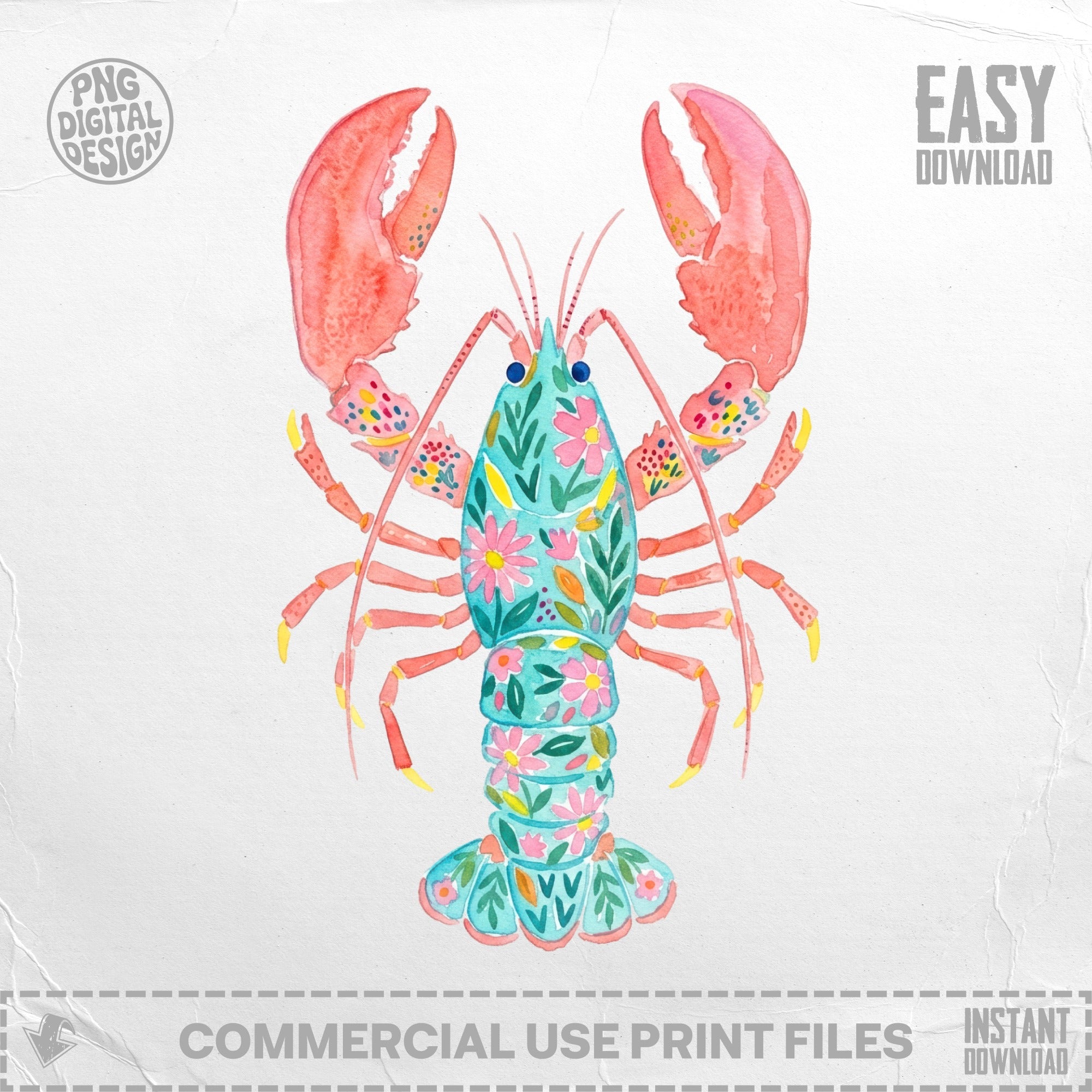 Watercolor lobster with floral pattern and pink claws, "Easy Download" text.