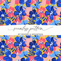 Seamless floral pattern with blue, pink, and yellow flowers.