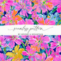 Seamless floral pattern with vibrant pink, orange, and yellow flowers on navy.