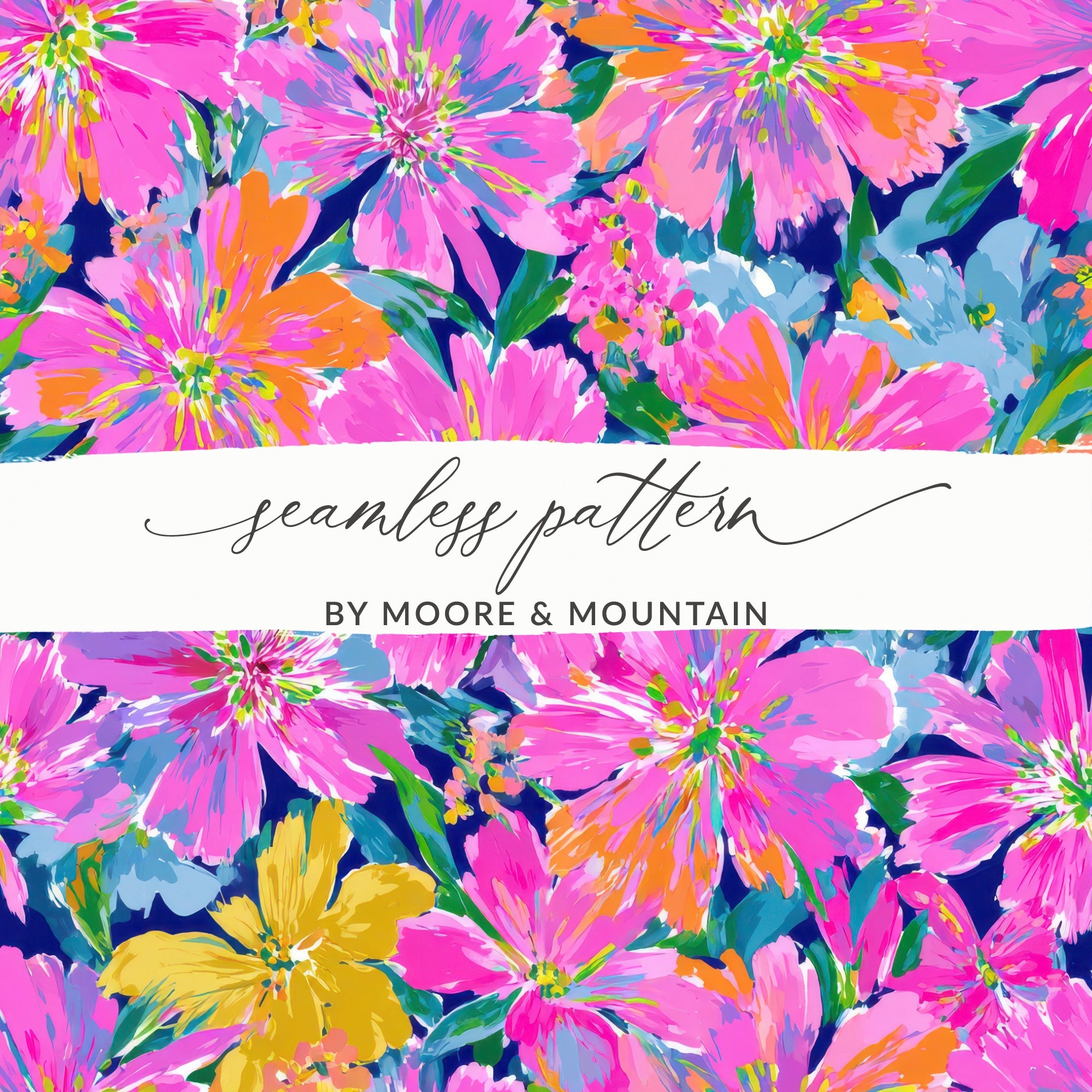 Seamless floral pattern with vibrant pink, orange, and yellow flowers on navy.