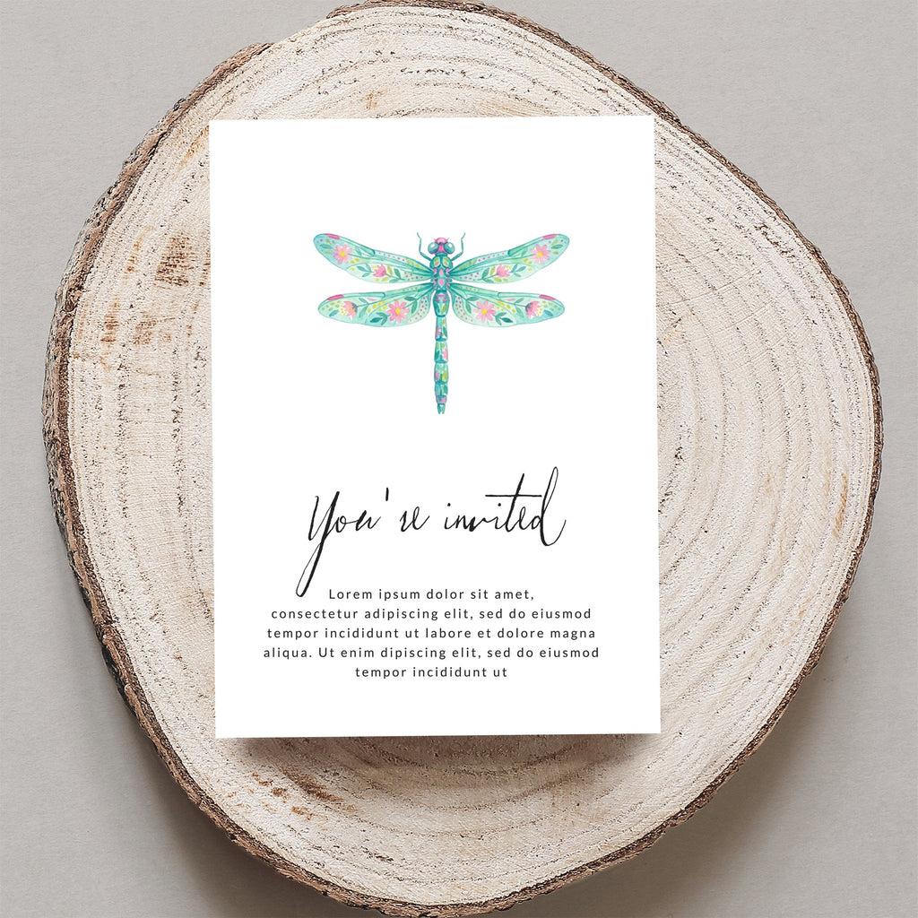 Invitation card with colorful dragonfly and placeholder text.